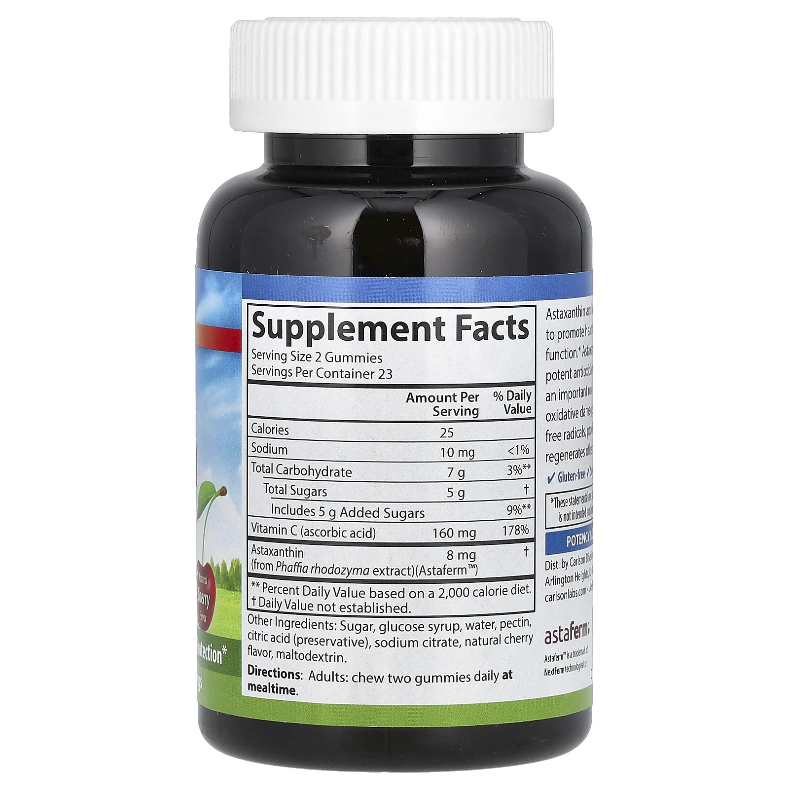 Carlson, жевательные таблетки с ферментированным астаксантином с витамином C, натуральная вишня, 8 мг, 46 вегетарианских жевательных таблеток (4 мг в 1 жевательной таблетке)