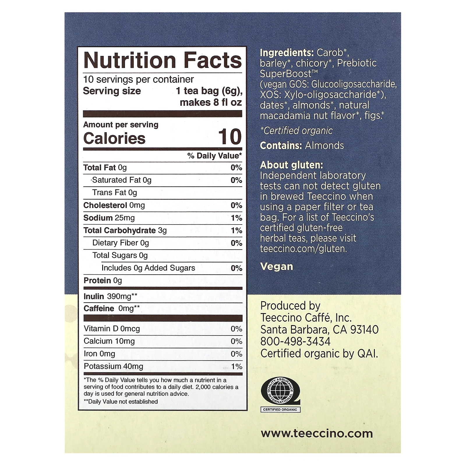 Teeccino, Травяной чай с пребиотиками, орехи макадамия, без кофеина, 10 чайных пакетиков, 60 г (2,12 унции)