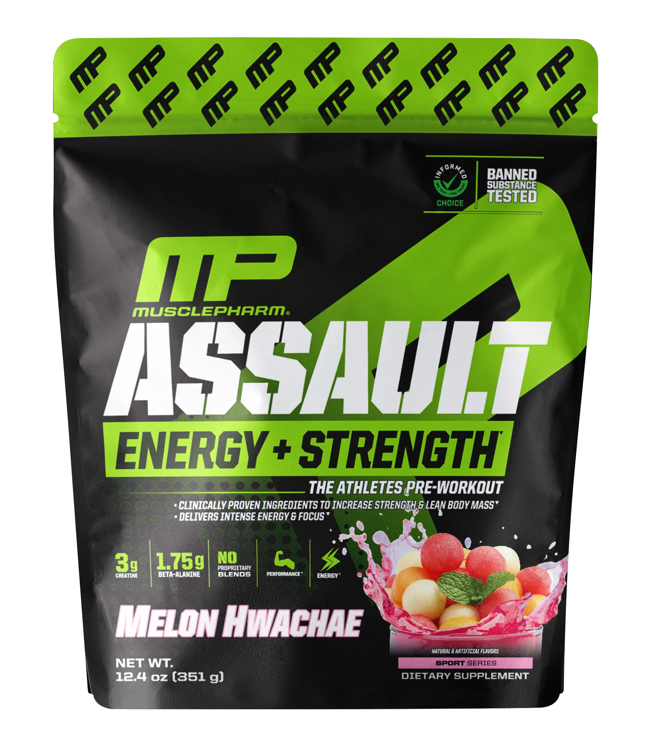 MusclePharm, Assault Energy + Strength, предтренировочный комплекс, хвача с дыней, 351 г (12,4 унции)