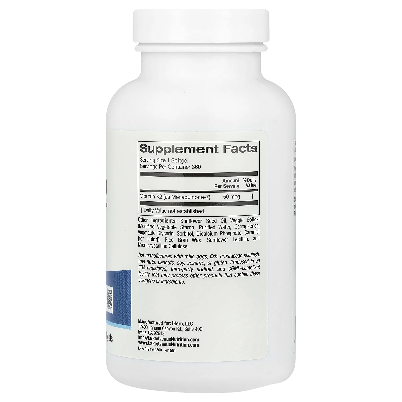 Lake Avenue Nutrition, витамин K2 (в виде менахинона-7), 50 мкг, 360 растительных капсул