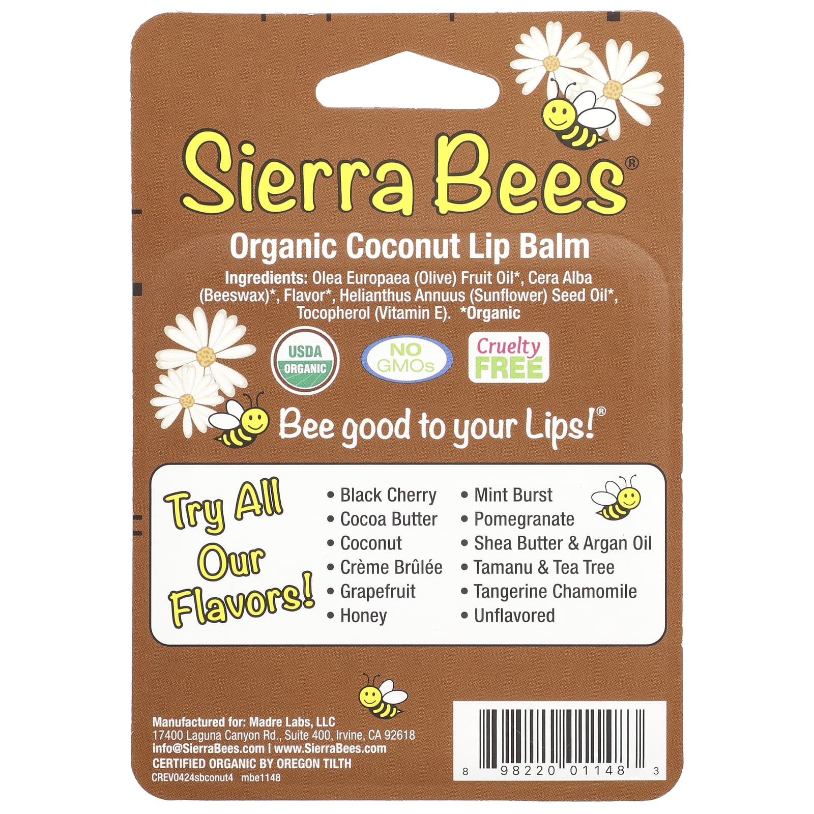 Sierra Bees, Органические бальзамы для губ, кокос, 4 шт. в упаковке, 4,25 г (0,15 унции) каждый