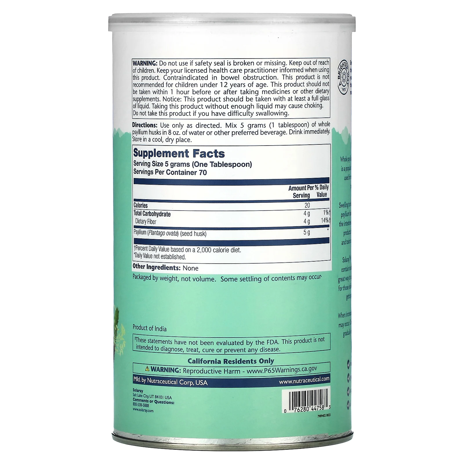 Solaray, Цельная шелуха подорожника, 350 г (12,3 унции)