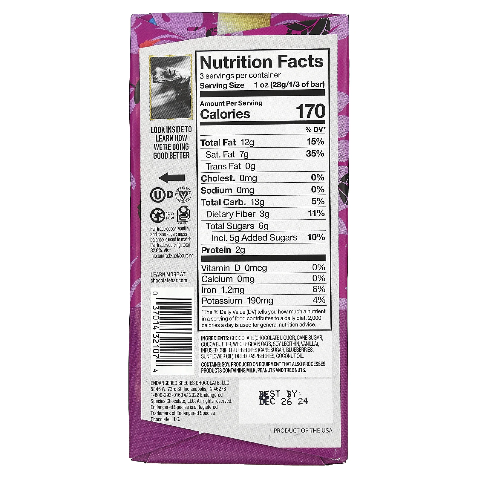 Endangered Species Chocolate, овсяный молочный темный шоколад, ягоды, 75% какао, 85 г (3 унции)