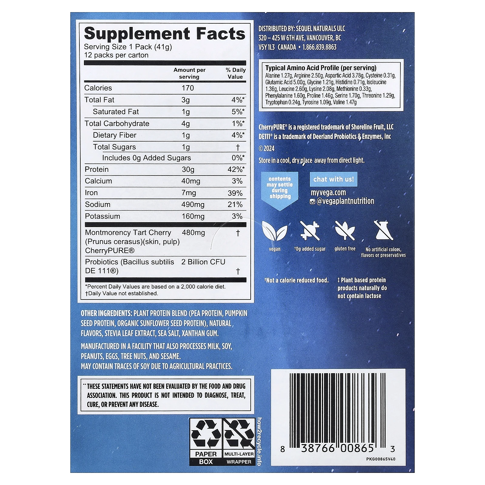 Vega, Sport, протеин премиального качества на растительной основе, ваниль, 12 пакетиков, 41 г (1,5 унции)