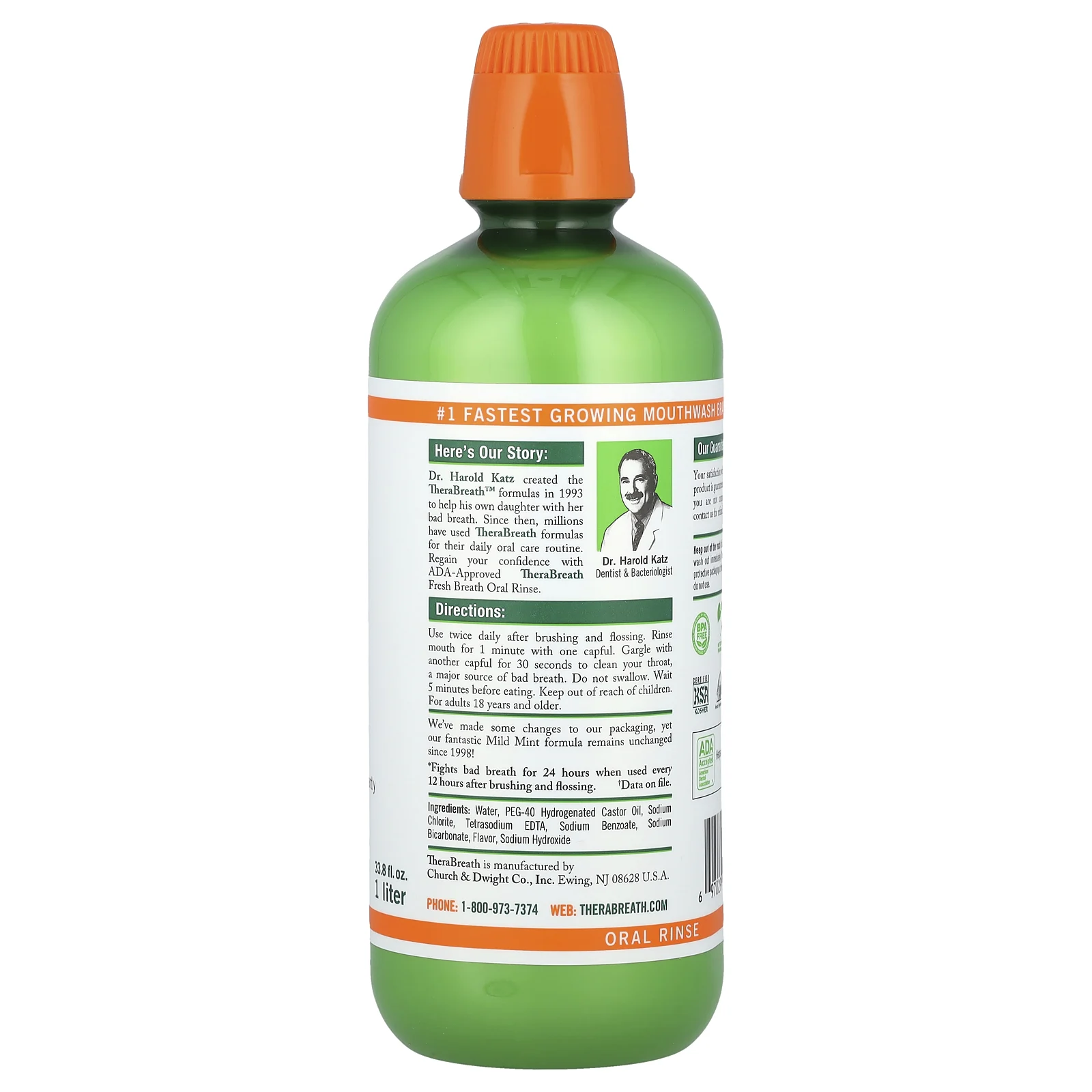 TheraBreath, Ополаскиватель для полости рта Fresh Breath, мягкая мята, 1 л (33,8 жидк. Унции)