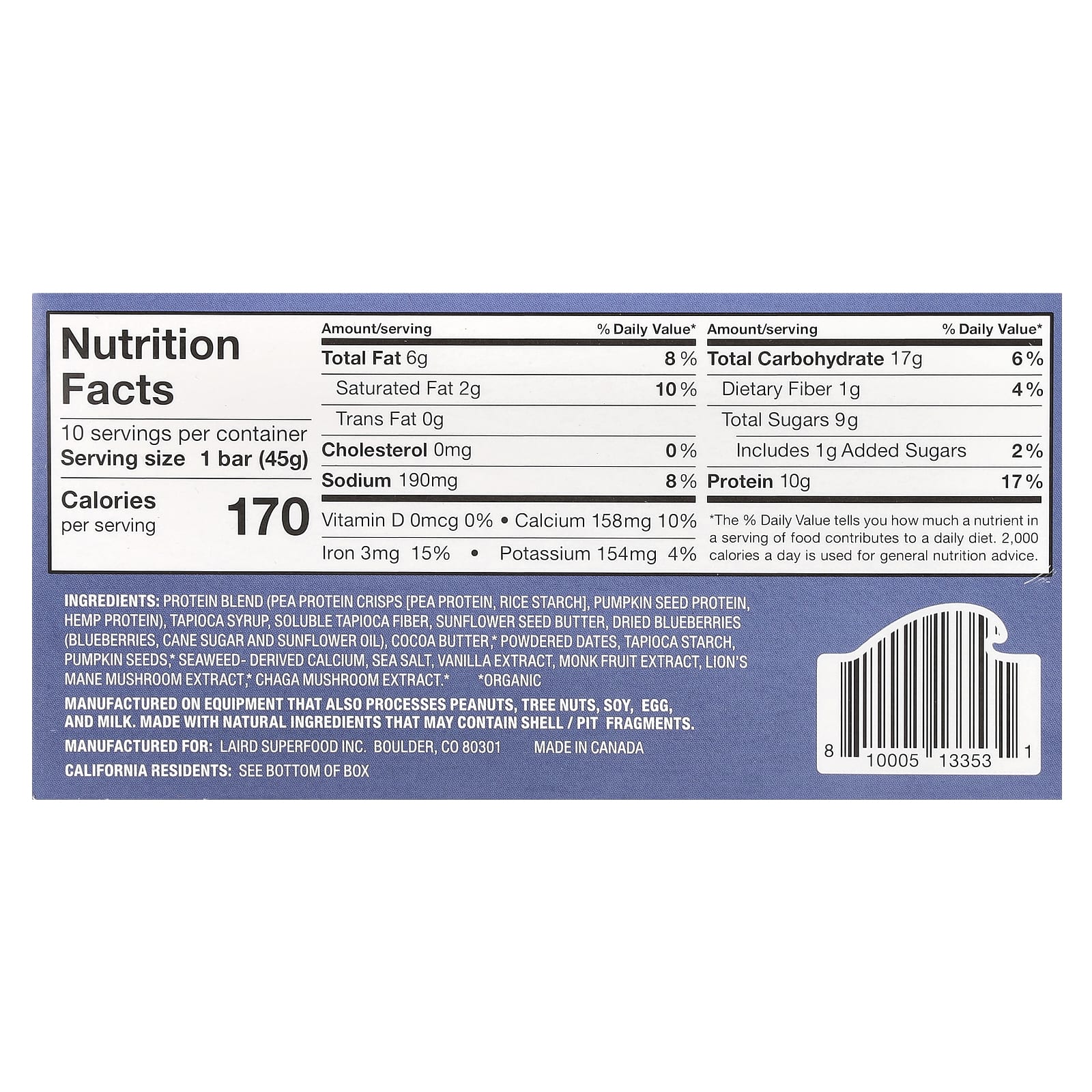 Laird Superfood, Протеиновый батончик + адаптогены, голубика и подсолнечное масло, 10 батончиков по 45 г (1,6 унции)