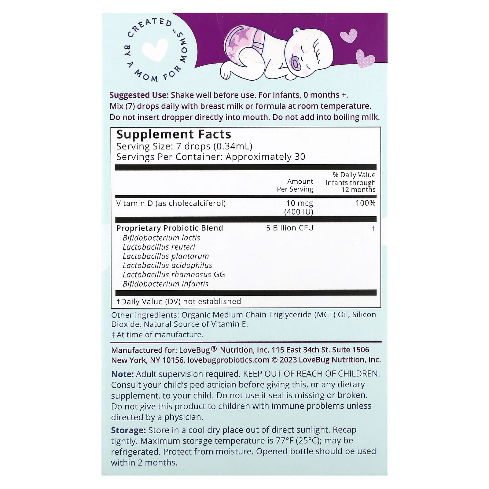 LoveBug Probiotics, пробиотик для детей, в жидкой форме, 5 млрд КОЕ, 10 мл (0,34 жидк. унции)