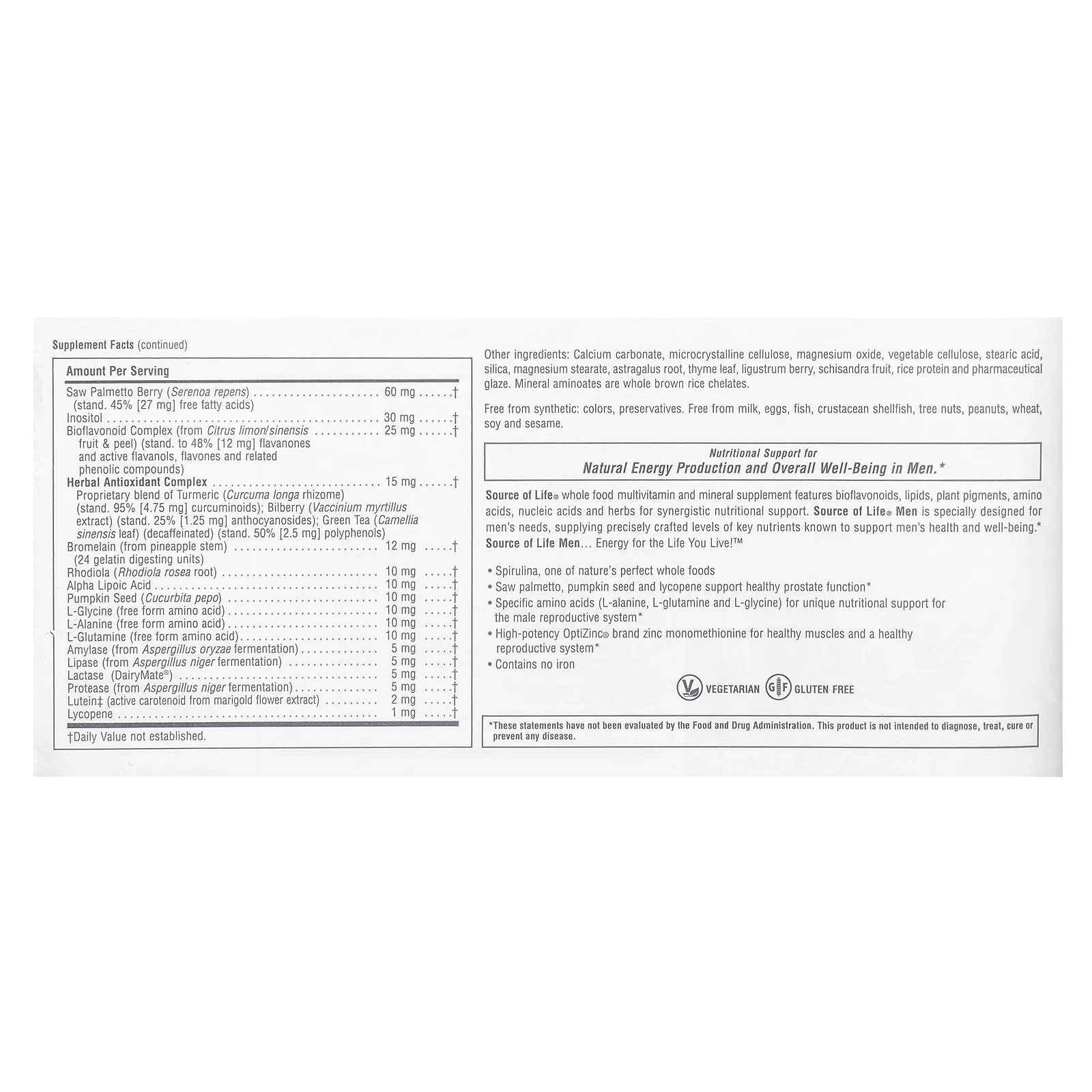 NaturesPlus, Source of Life, не содержащая железа поливитаминная и минеральная добавка с концентратами цельных продуктов для мужчин, 120 таблеток