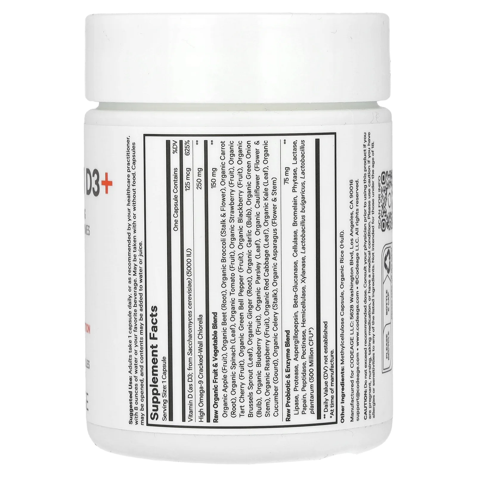 Codeage, необработанный витамин D3+, 5000 МЕ, 60 растительных капсул