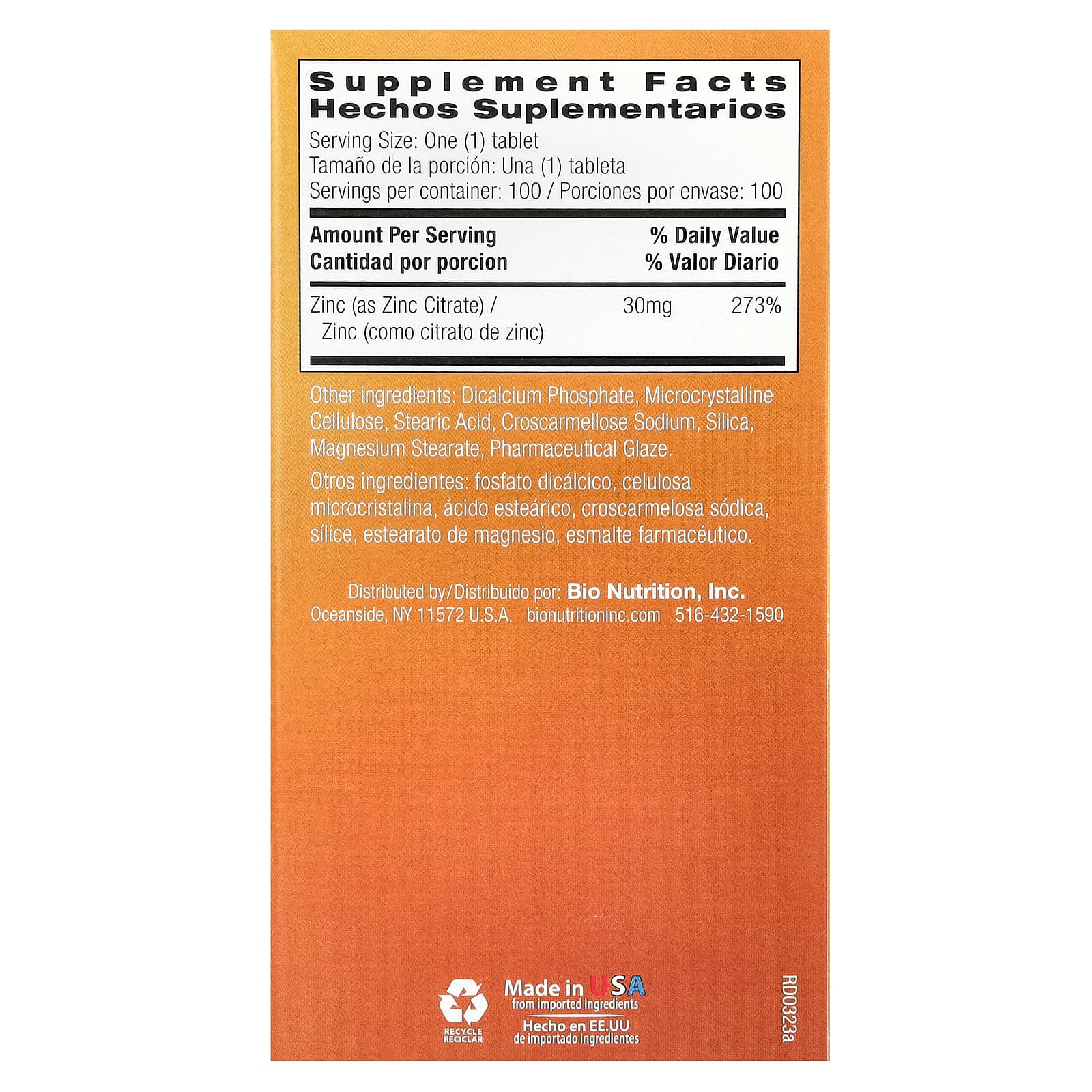 Bio Nutrition, цитрат цинка, 30 мг, 100 таблеток