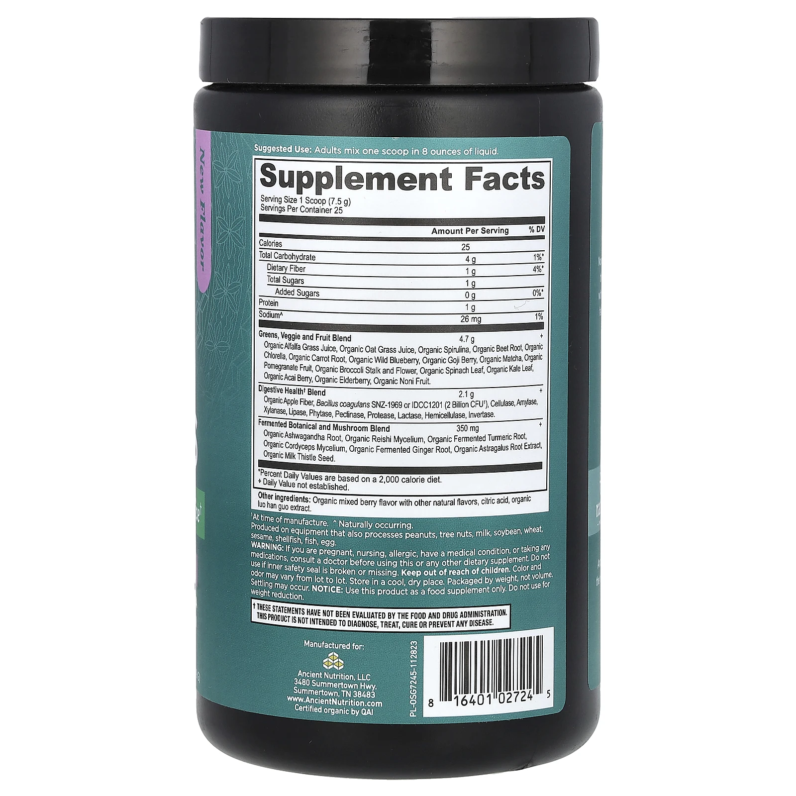 Ancient Nutrition, Органическая суперзеленая, ягоды, 189 г (6,7 унции)