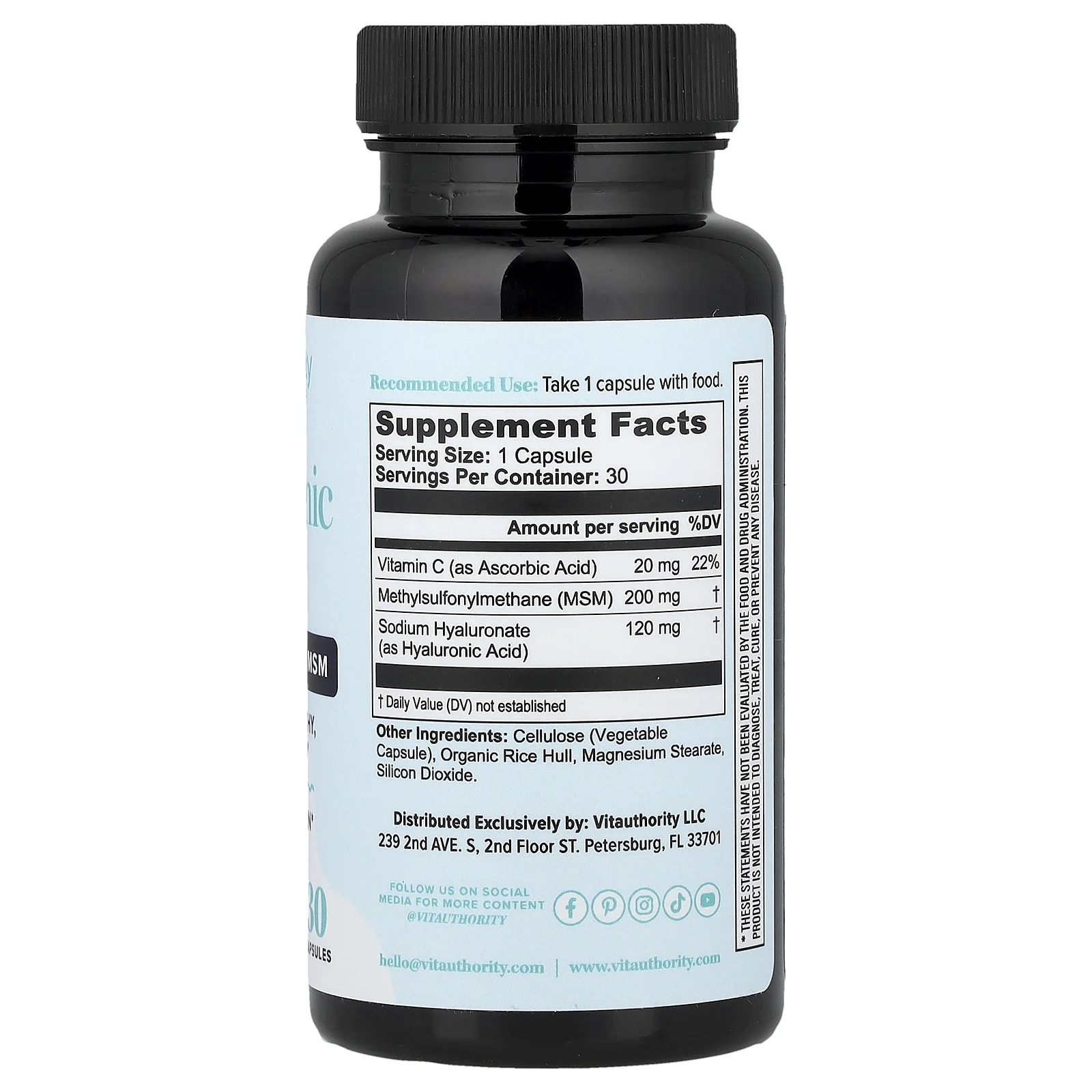 Vitauthority, гиалуроновая кислота+ с витамином C и МСМ, 30 капсул