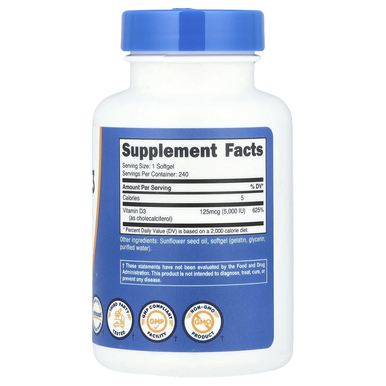 Nutricost, Витамин D3, 125 г (5000 МЕ), 240 мягких таблеток