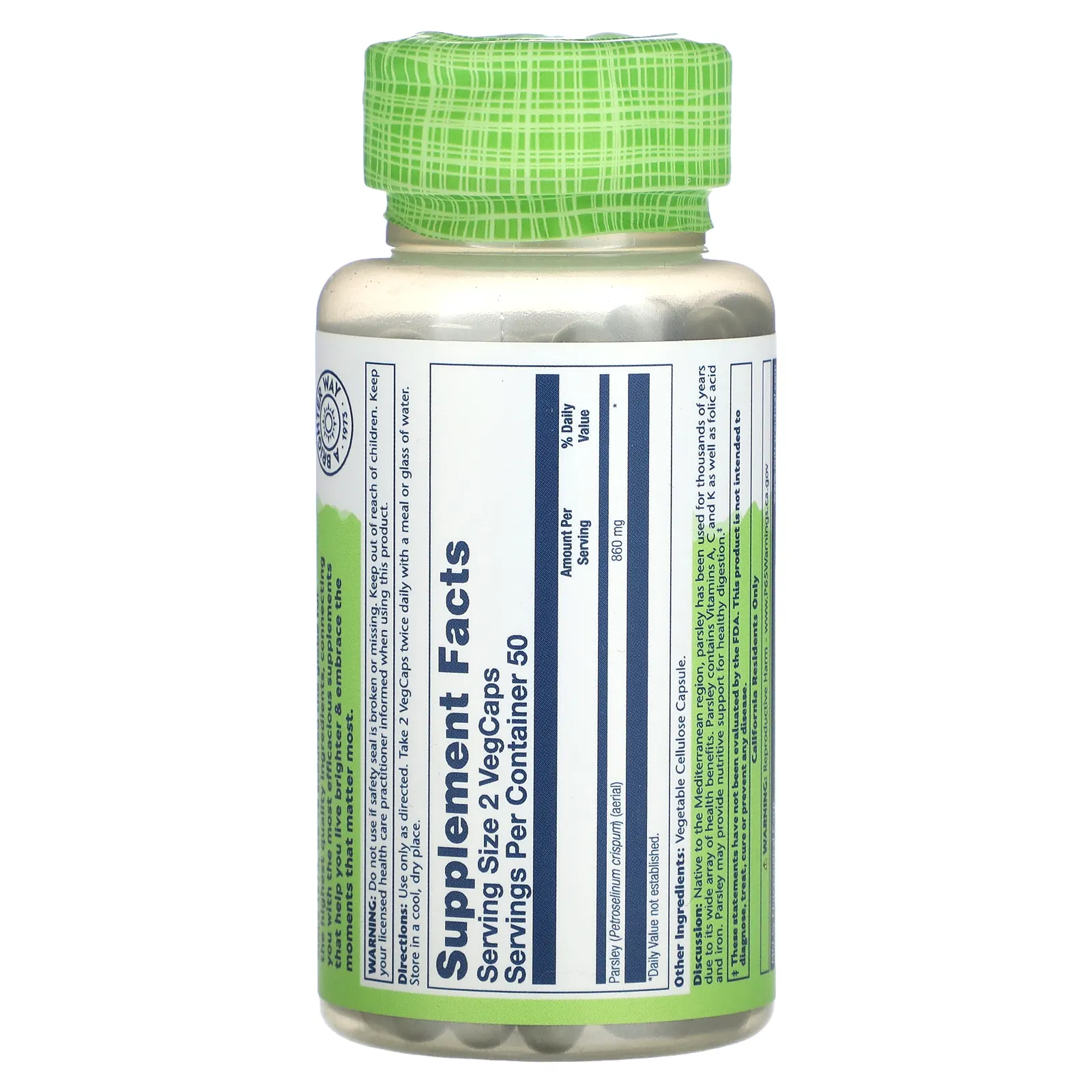 Solaray, True Herbs, листья петрушки, 860 мг, 100 растительных капсул (430 мг в 1 капсуле)