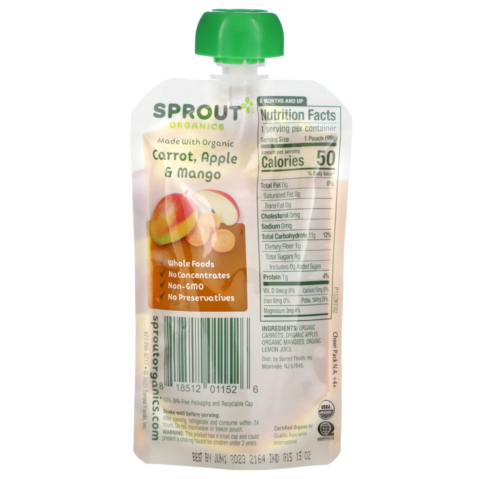 Sprout Organics, Детское питание, от 6 месяцев, морковь, яблоко и манго, 99 г (3,5 унции)