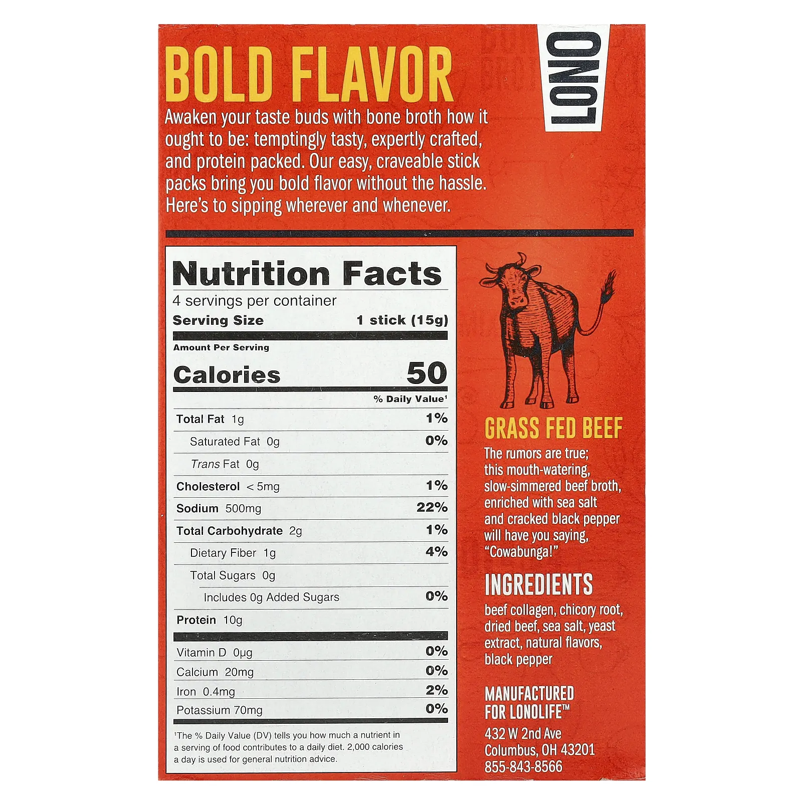 Lonolife, Бульон, говяжья косточка, палеодиета, 4 пакетика по 15 г (0,53 унции)