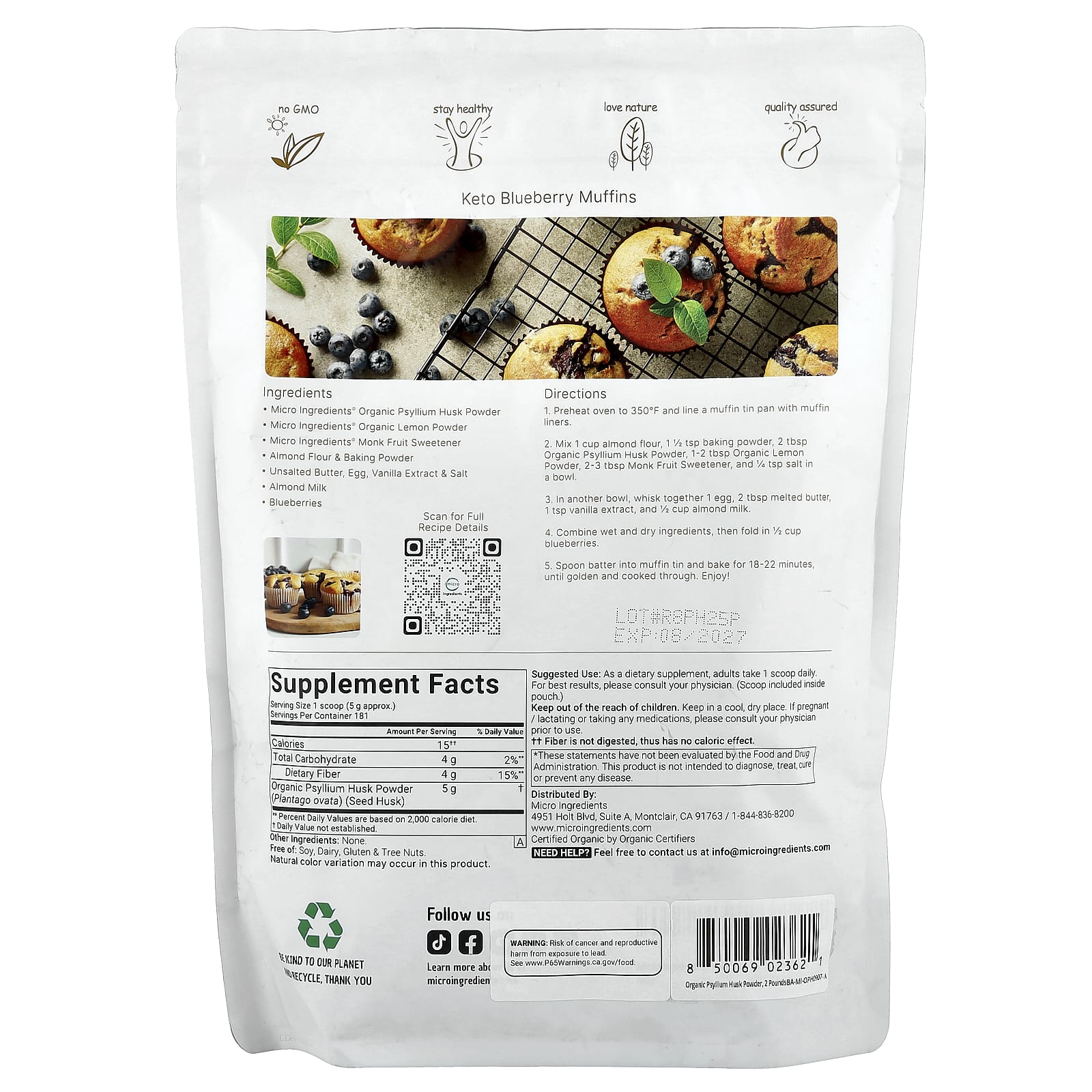 Micro Ingredients, Порошок из органической шелухи семян подорожника, 907 г (2 фунта)