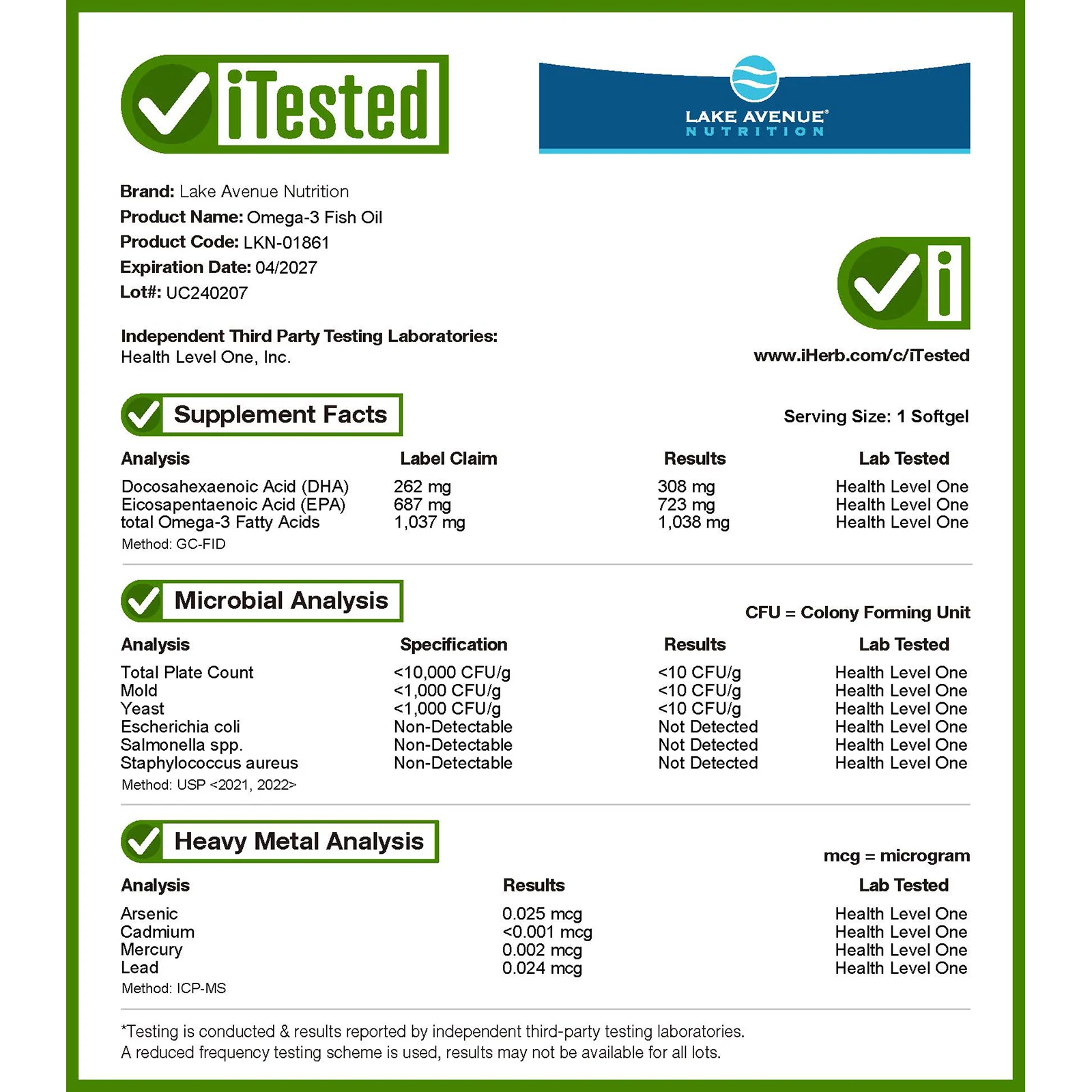 Lake Avenue Nutrition, рыбий жир с омега-3, 1250 мг, 30 капсул из рыбьего желатина