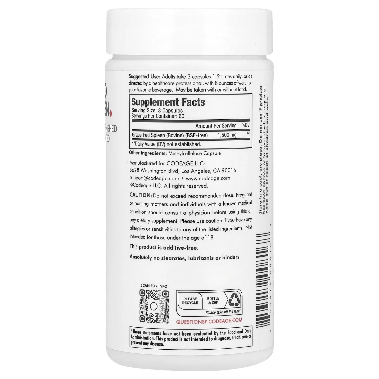 Codeage, Говяжья селезенка травяного откорма, 180 капсул