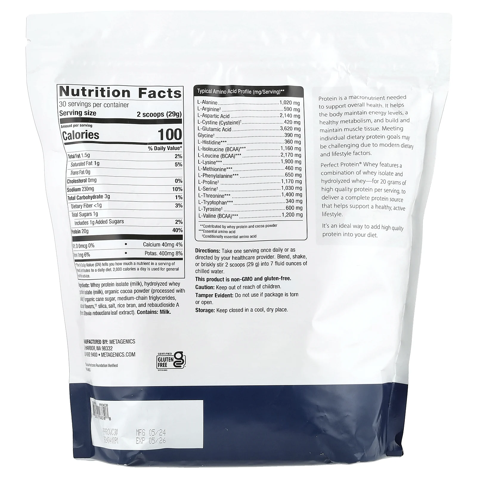 Metagenics, Perfect Protein® Whey, натуральный шоколад, 870 г (1 фунт 14,69 унции)