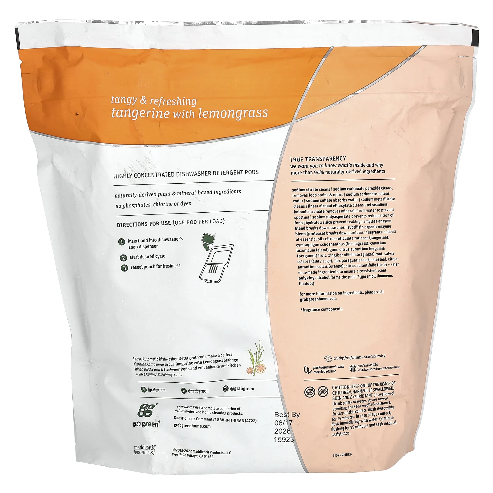 Grab Green, Капсулы со средством для автоматического мытья посуды, мандарин с лемонграссом, 2376 г (5 фунтов 4 унции)