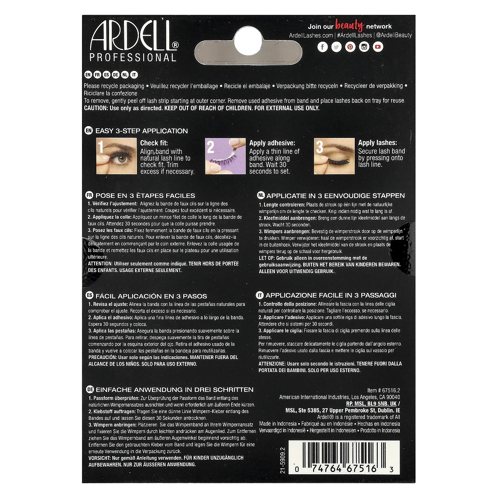 Ardell, Ресницы, тонкие, 113 черный, 6 пар