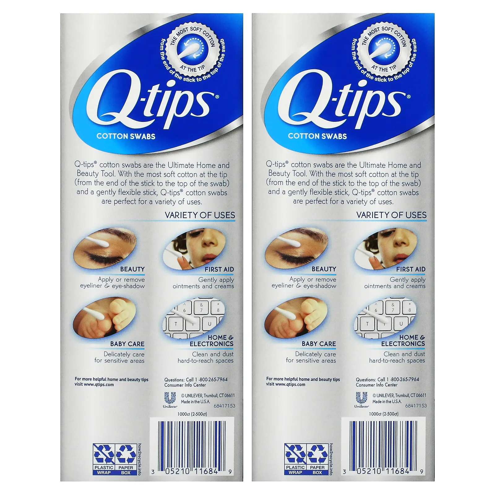 Q-tips, Ватные палочки, семейная упаковка, 2 шт., По 500 тампонов