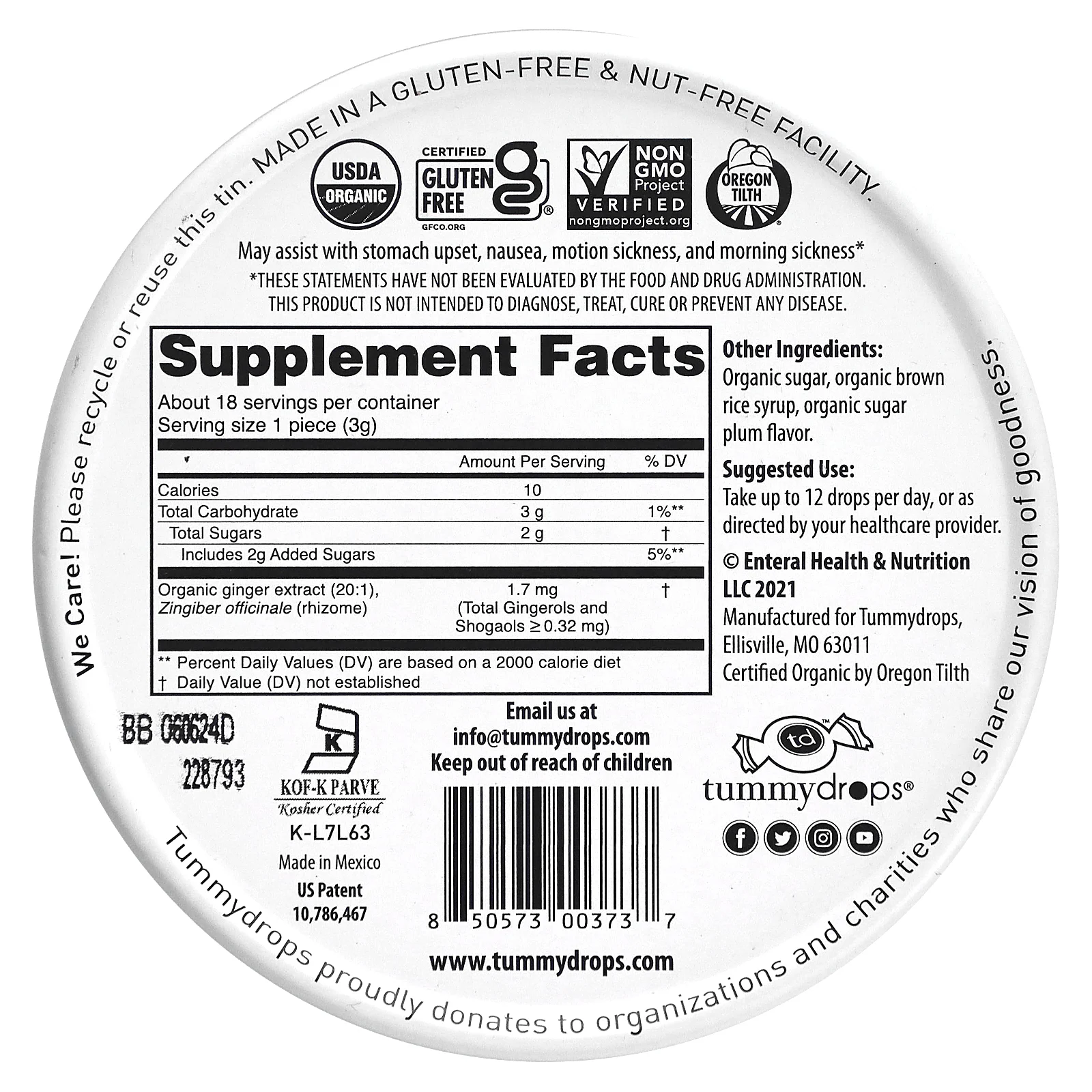 Tummydrops, органическая приправа с имбирем, сахарная слива, 18 капель