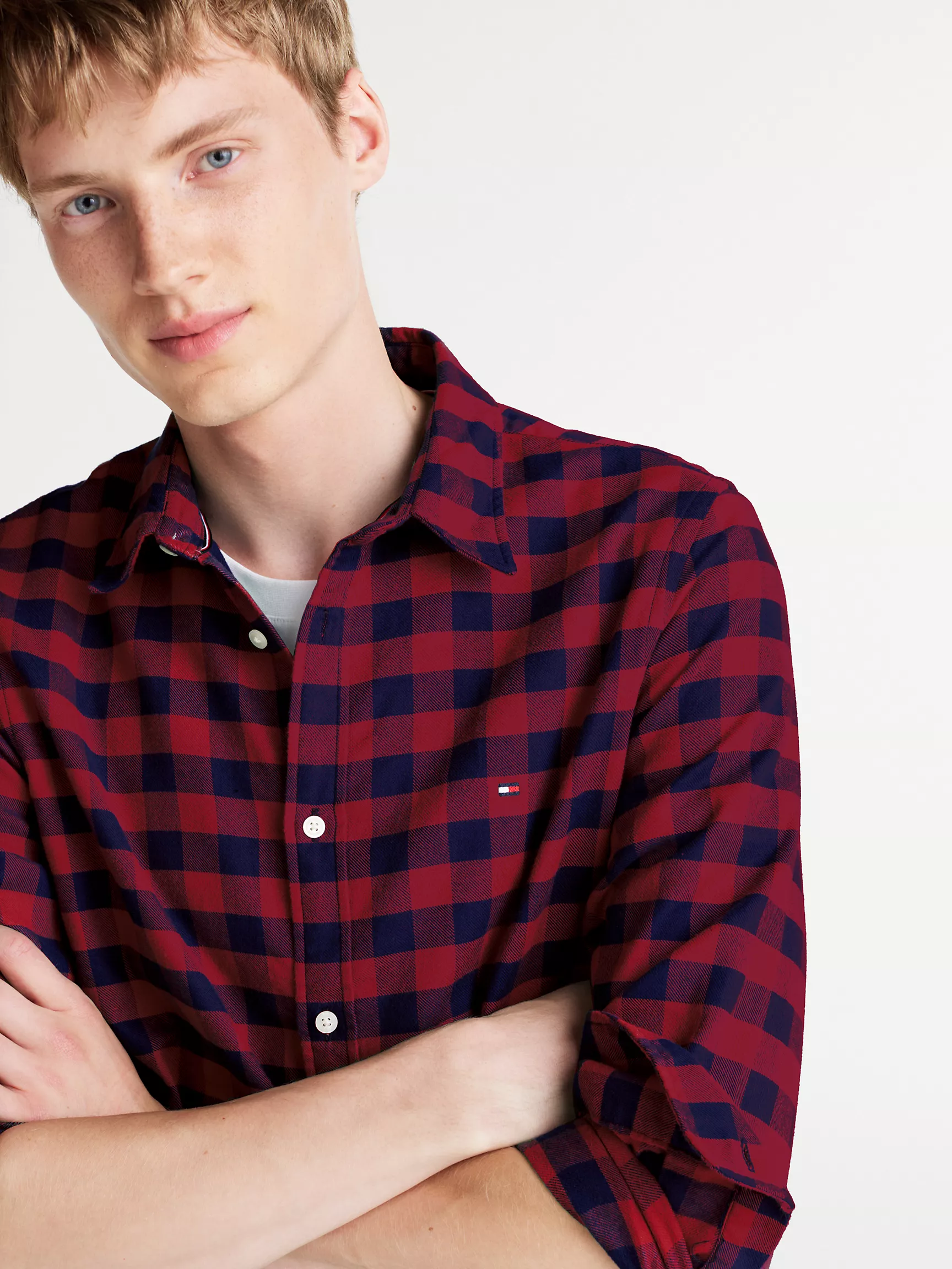 Мужская рубашка Tommy Hilfiger, Приталенная фланелевая рубашка в клетку гингем с мягкой текстурой