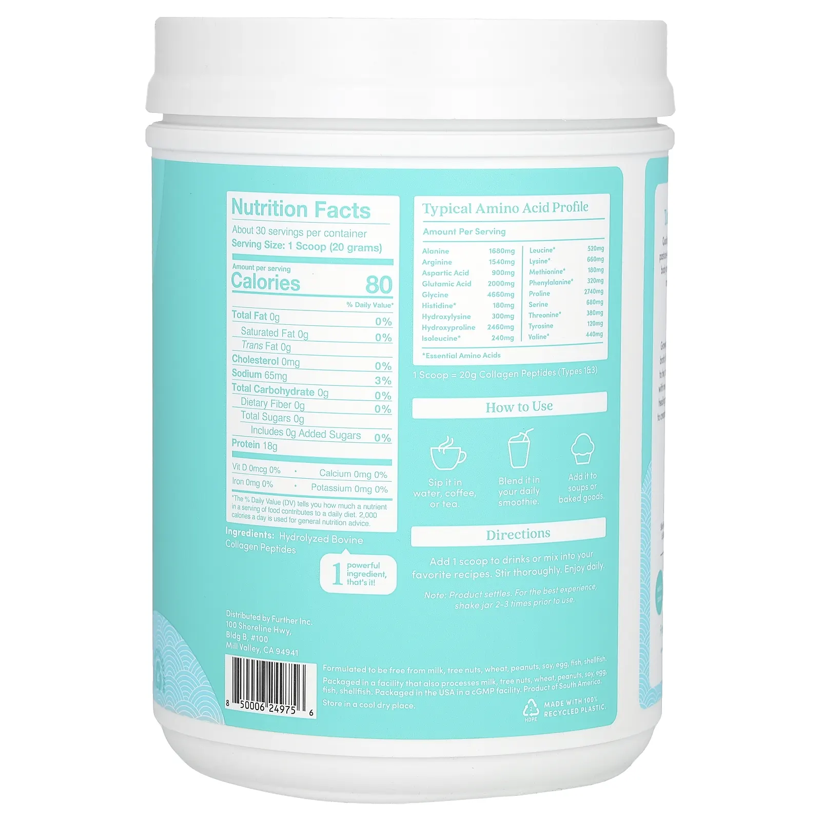 Further Food, Пептиды коллагена от травяного откорма, без добавок, 600 г (21,16 унции)