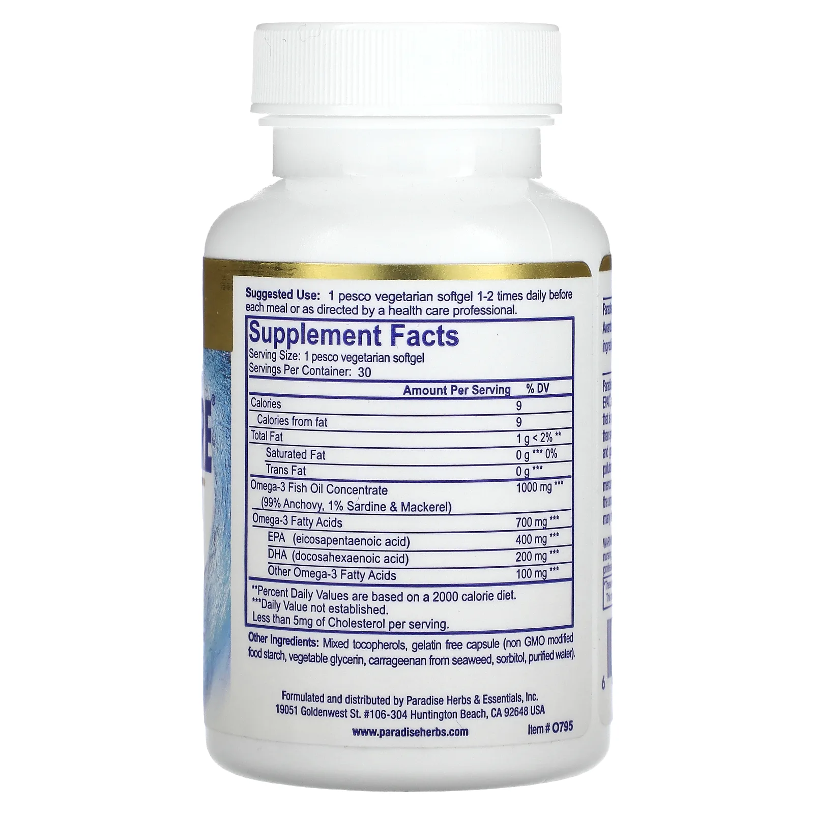 Paradise Herbs, Omega Sure, концентрат омега-3, 1000 мг, 30 капсул в растительной оболочке Pesco