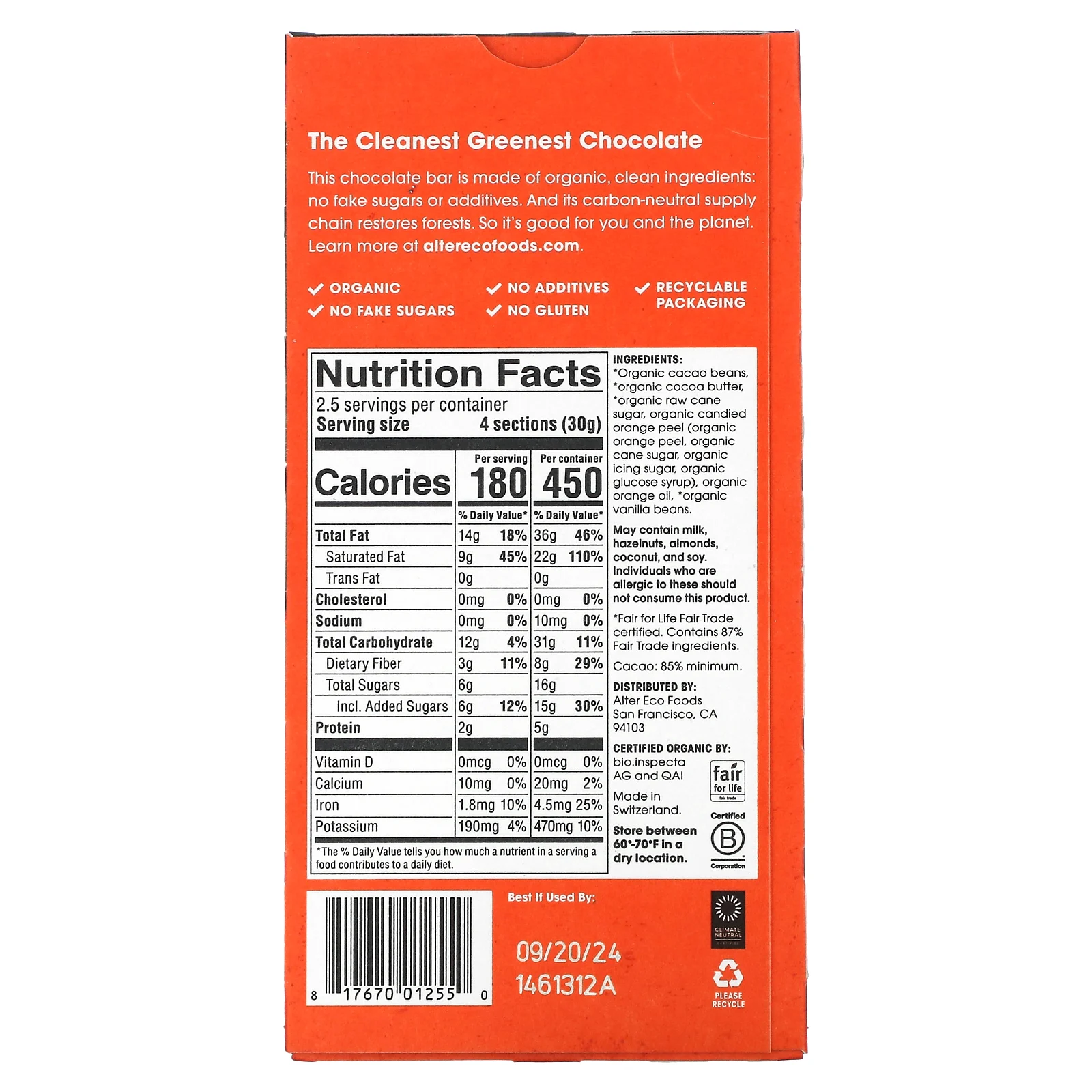 Alter Eco, органический темный шоколад, со вкусом апельсина, 85% какао, 75 г (2,65 унции)