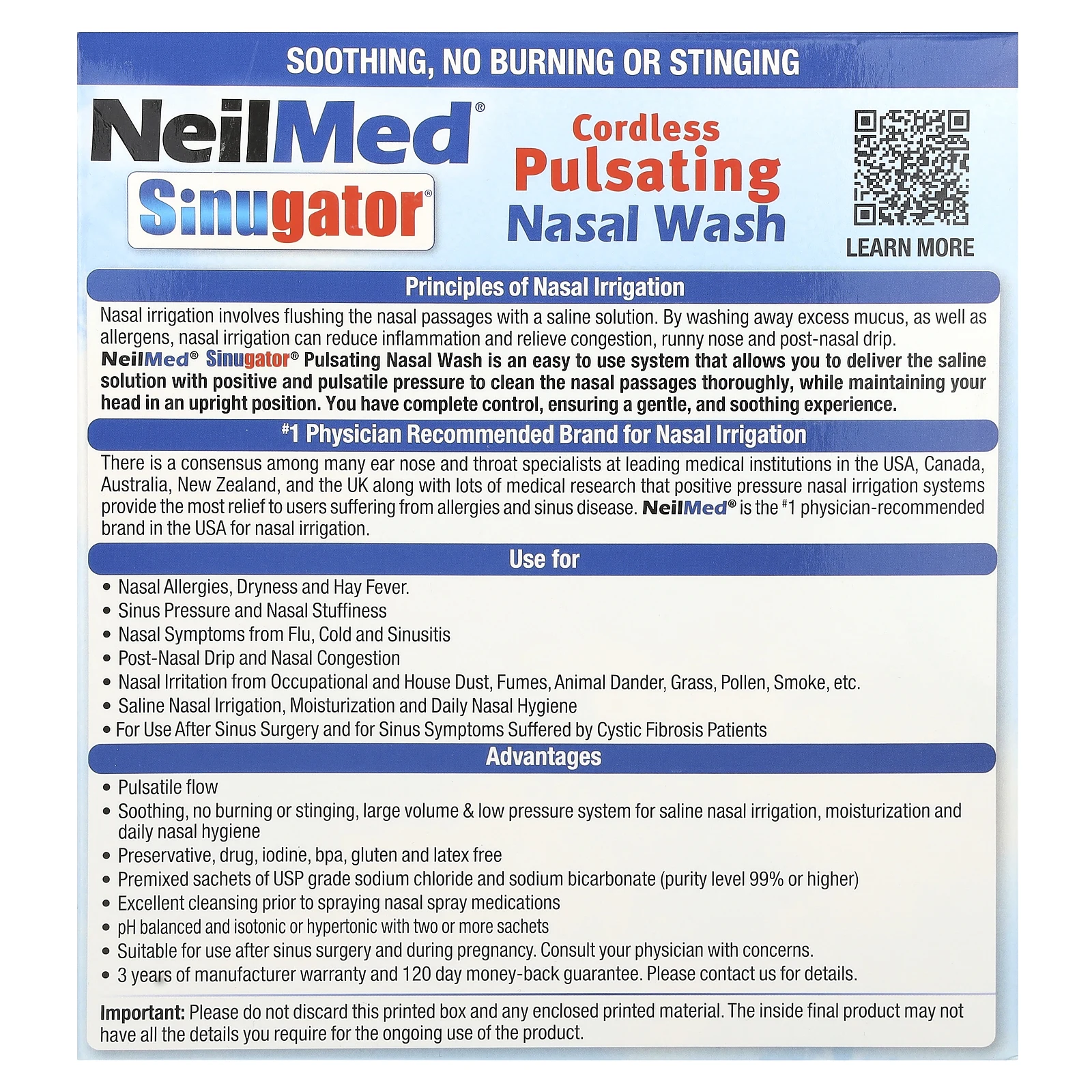 NeilMed, Sinugator, беспроводная пульсирующая промывка для носа, набор из 3 предметов