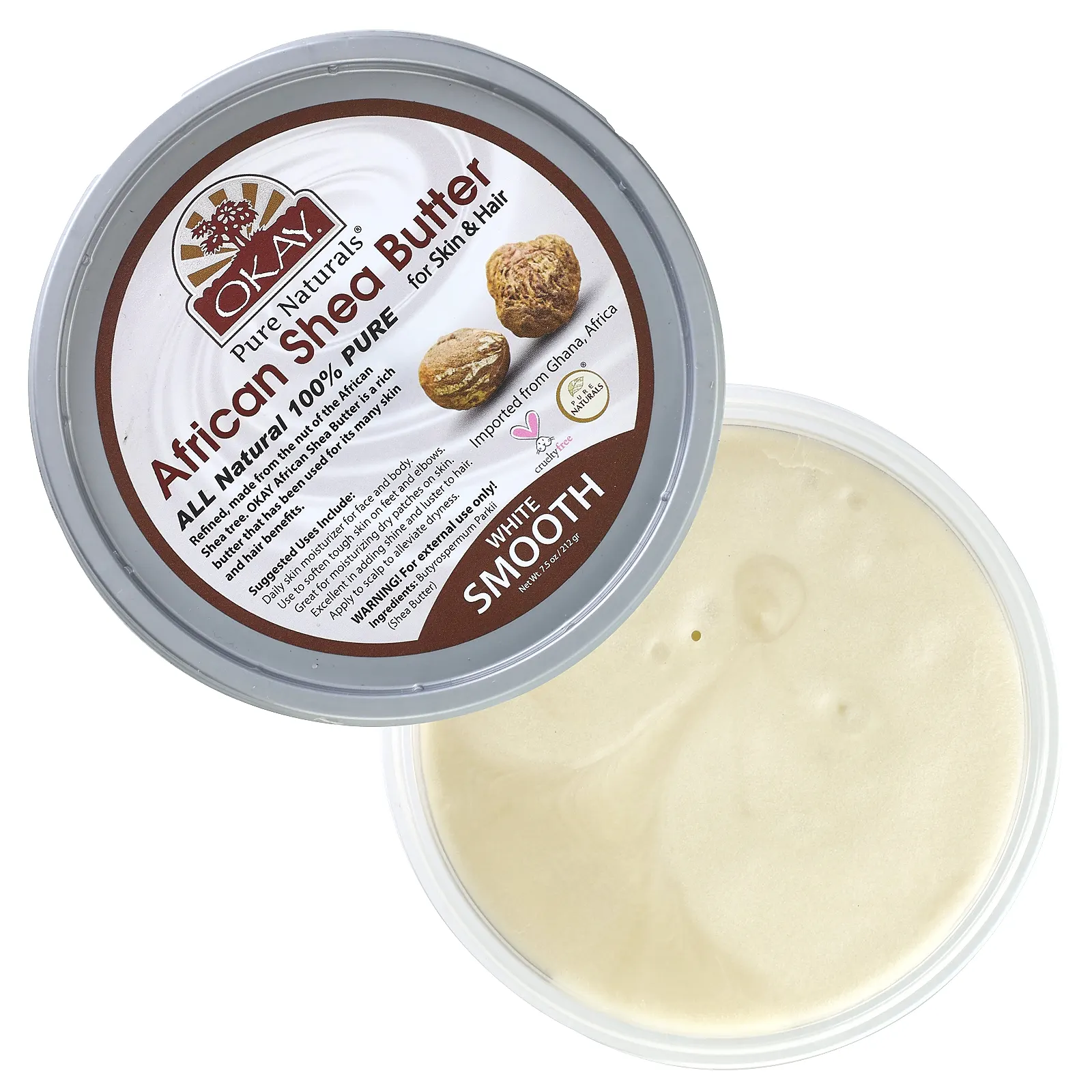 Okay Pure Naturals, Масло африканского ши для кожи и волос, гладкий белый, 212 г (7,5 унции)