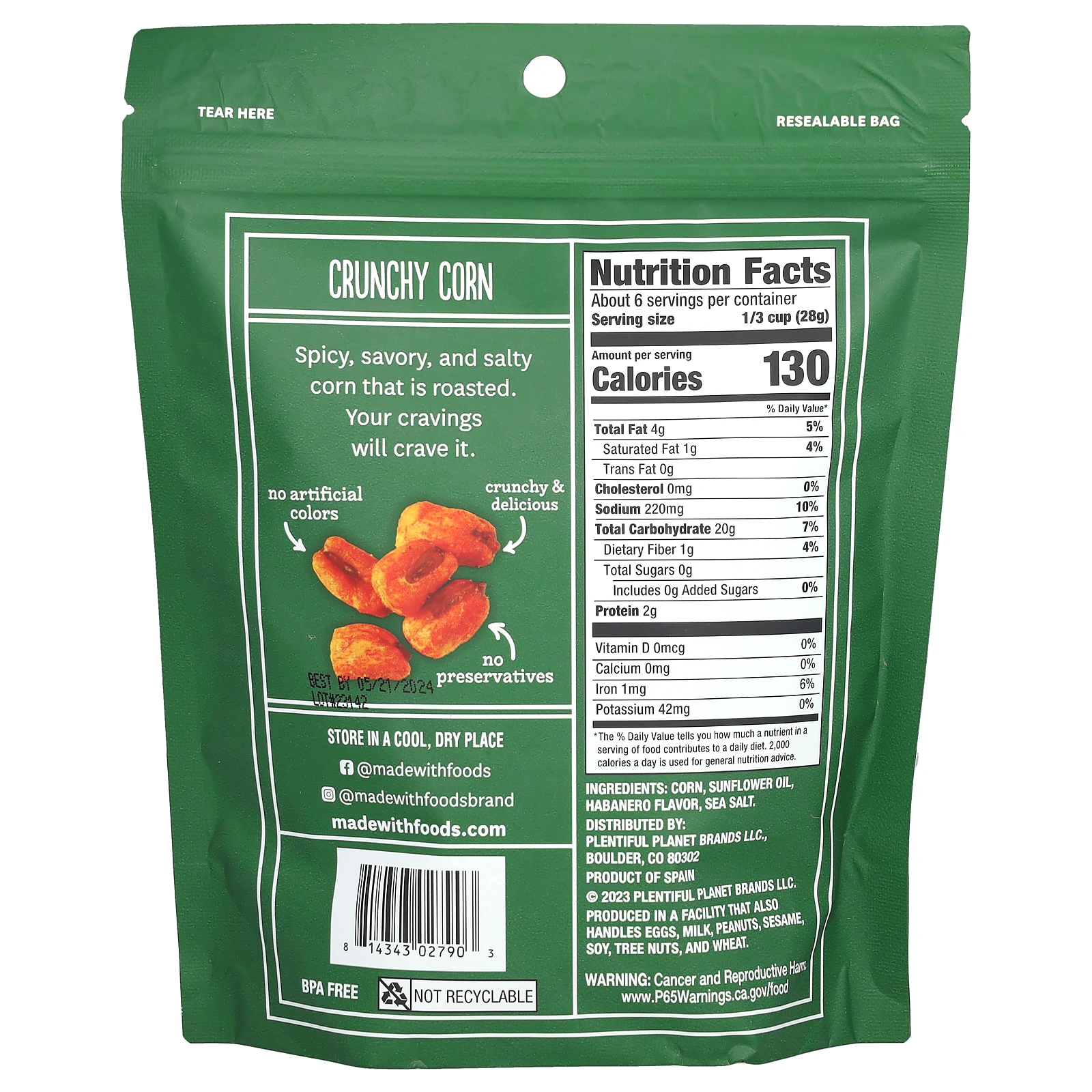 Made With, веганская хрустящая кукуруза, хабанеро, 170 г (6 унций)