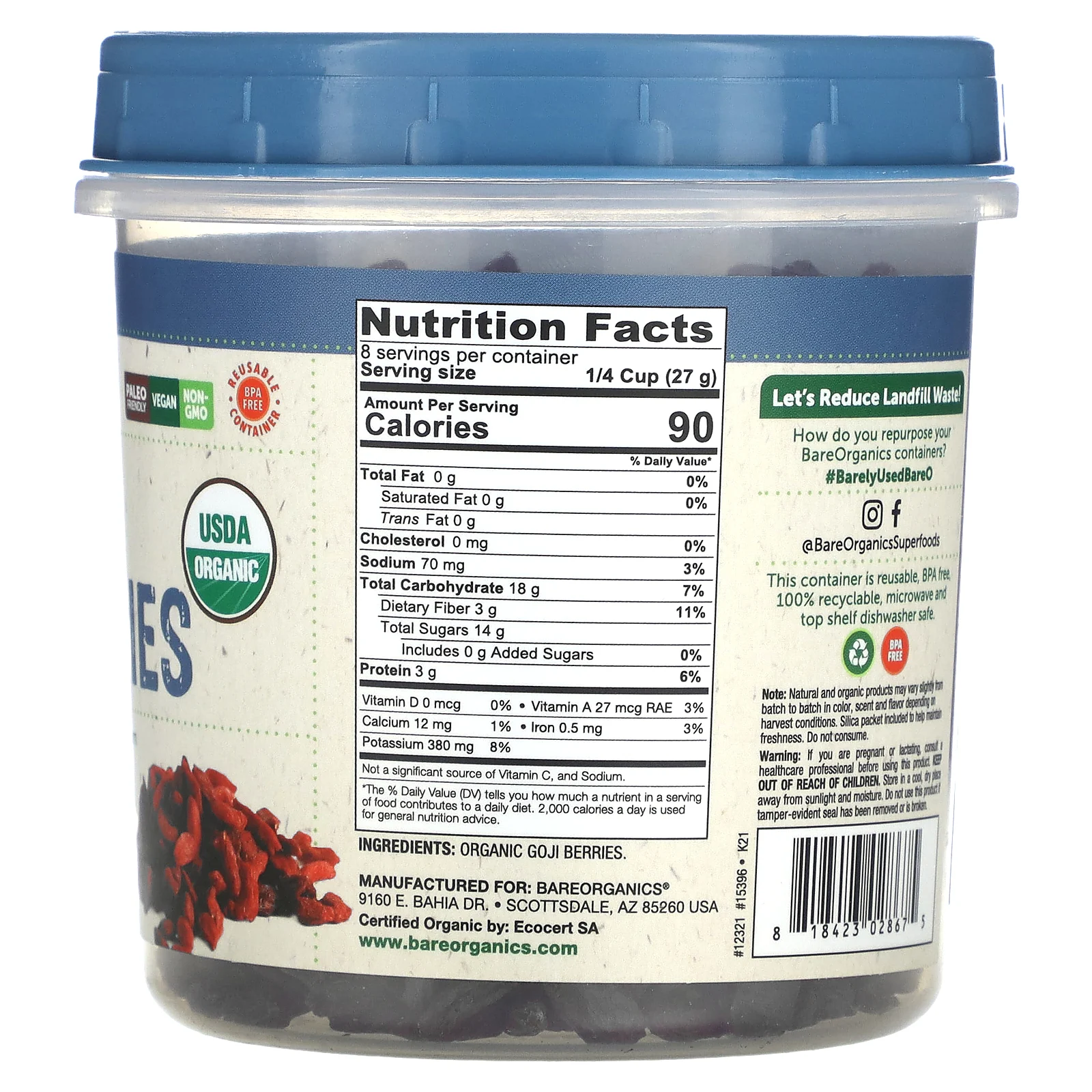 BareOrganics, Вяленые органические ягоды годжи, 227 г (8 унций)