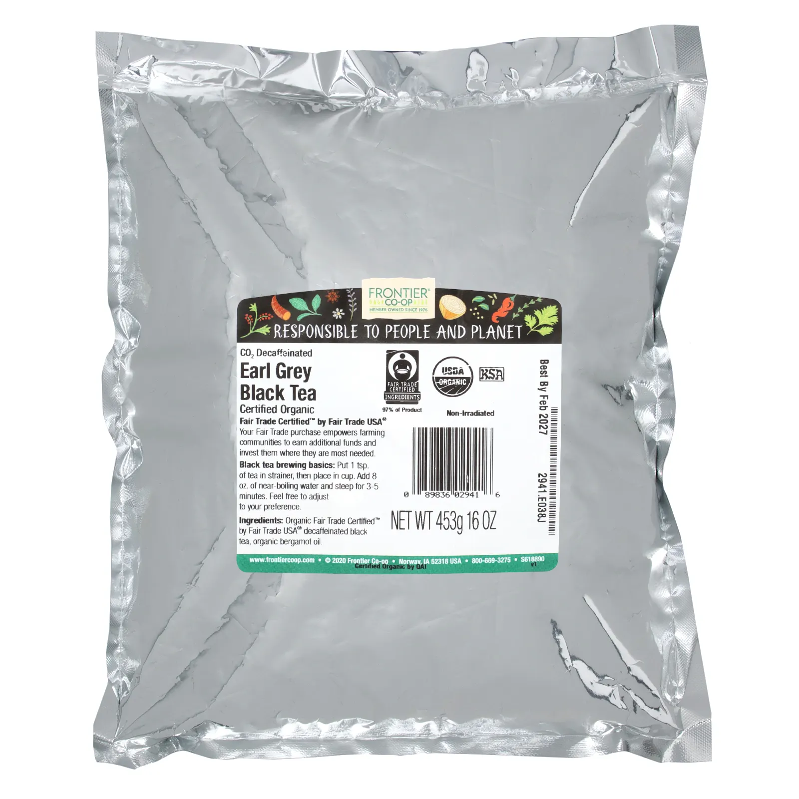 Frontier Co-op, Органический черный чай «Эрл Грей», без кофеина, 453 г (16 унций)