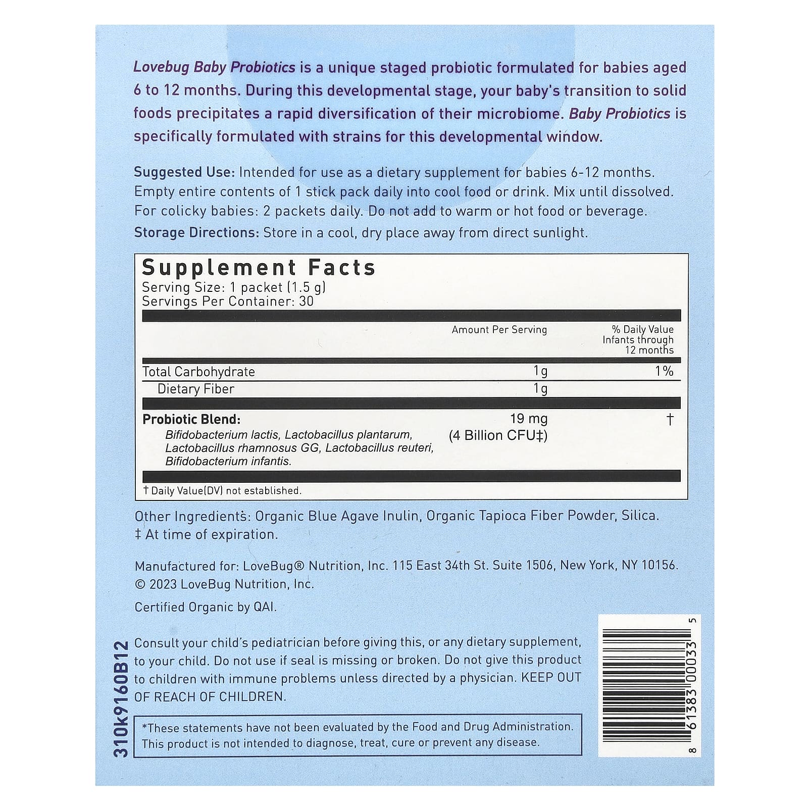 LoveBug Probiotics, Детские пробиотики, для детей от 6 до 12 месяцев, 4 млрд КОЕ, 30 порционных пакетиков