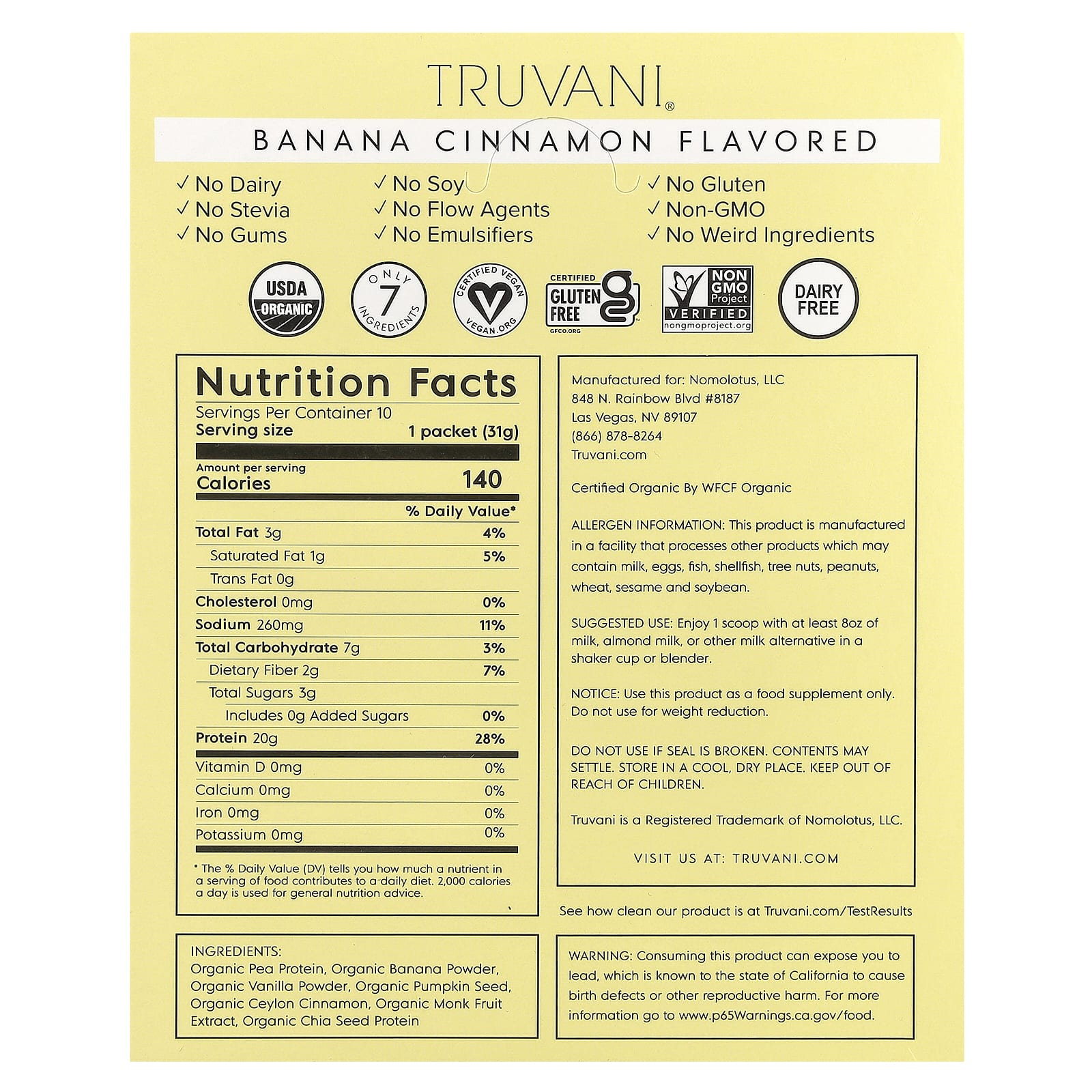 Truvani, Протеиновый порошок на растительной основе, банан и корица, 10 пакетиков по 31 г (1,09 унции)