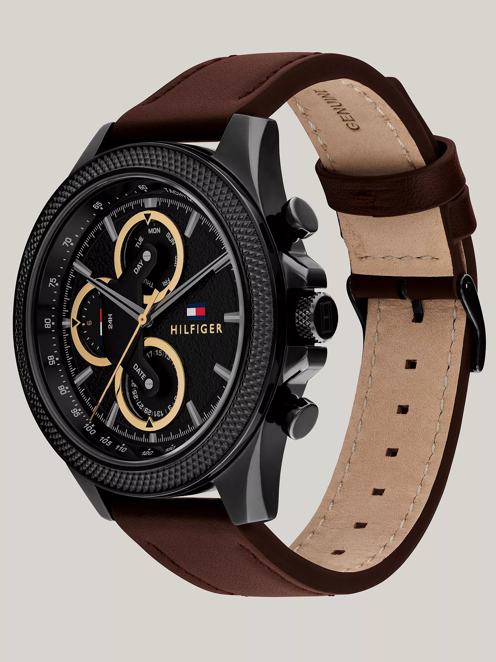 Мужские часы Tommy Hilfiger, Спортивные часы 46 мм с коричневым кожаным ремешком