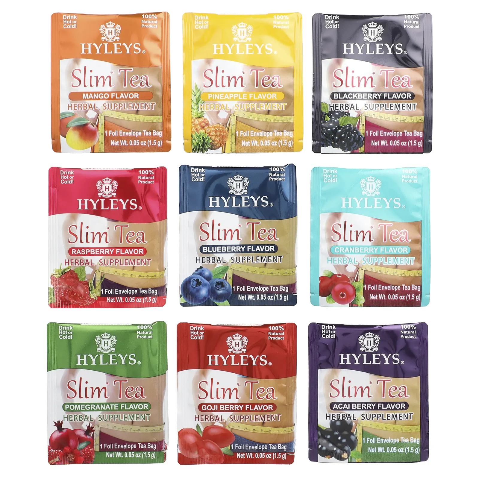 Hyleys Tea, Slim Tea, набор из 9 вкусов, чайные пакетики в 100 фольгированных пакетиках, 150 г (5,29 унции)