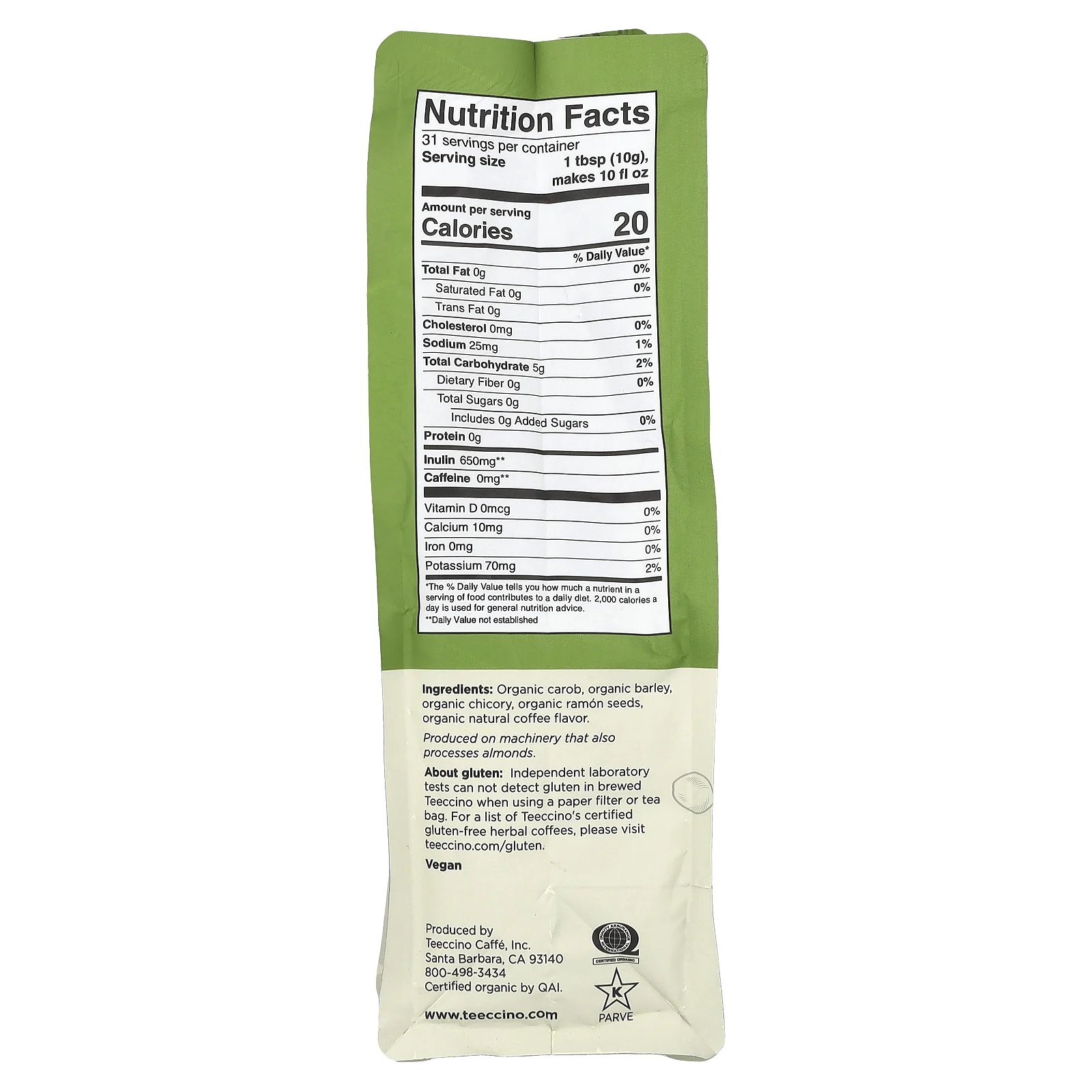 Teeccino, органический травяной кофе из цикория, французская обжарка, темная обжарка, без кофеина, 312 г (11 унций)