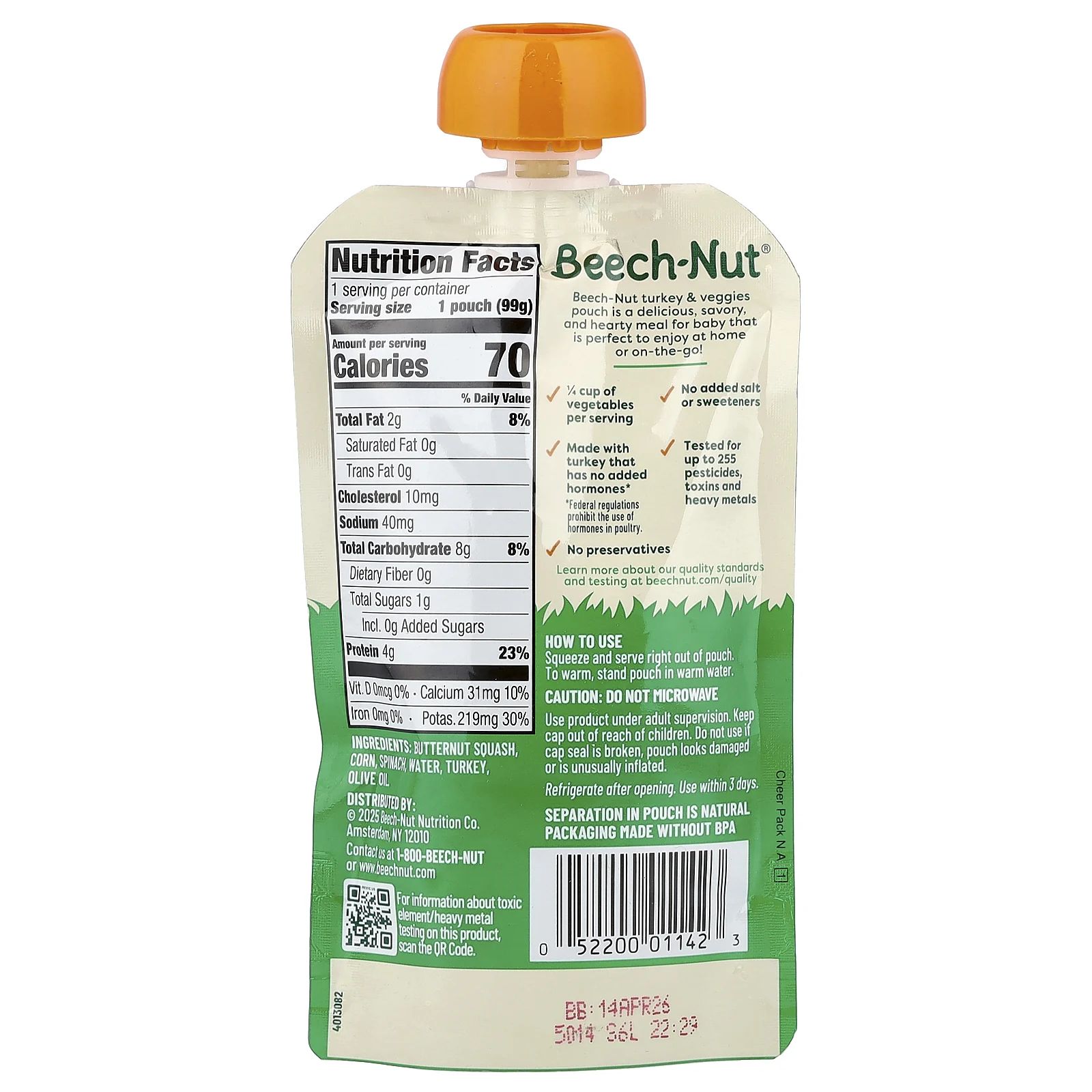 Beech-Nut, индейка с мускатной тыквой, кукурузой и шпинатом, для детей от 6 месяцев, 99 г (3,5 унции)