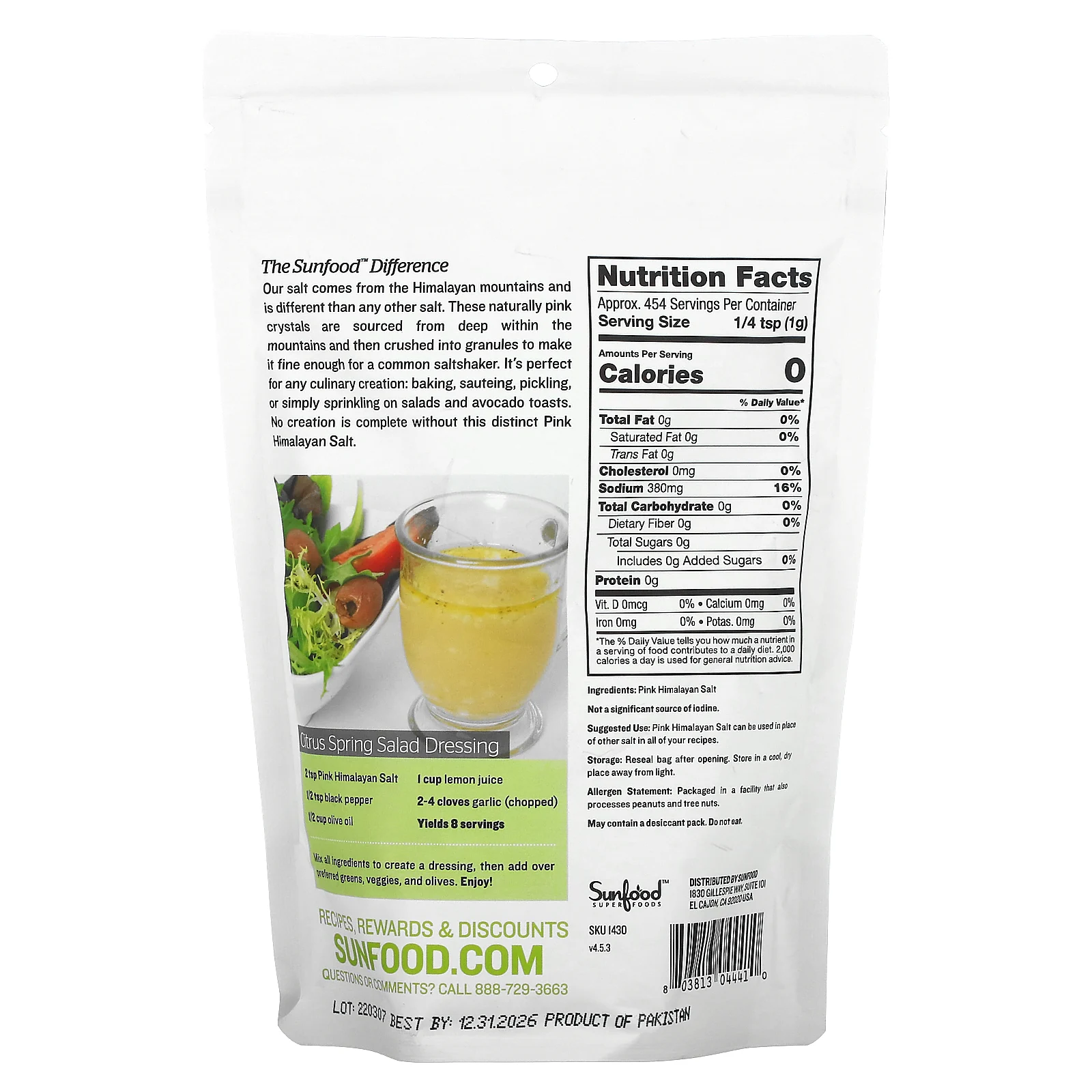 Sunfood, Мелкая гималайская каменная соль, 454 г (1 фунт)