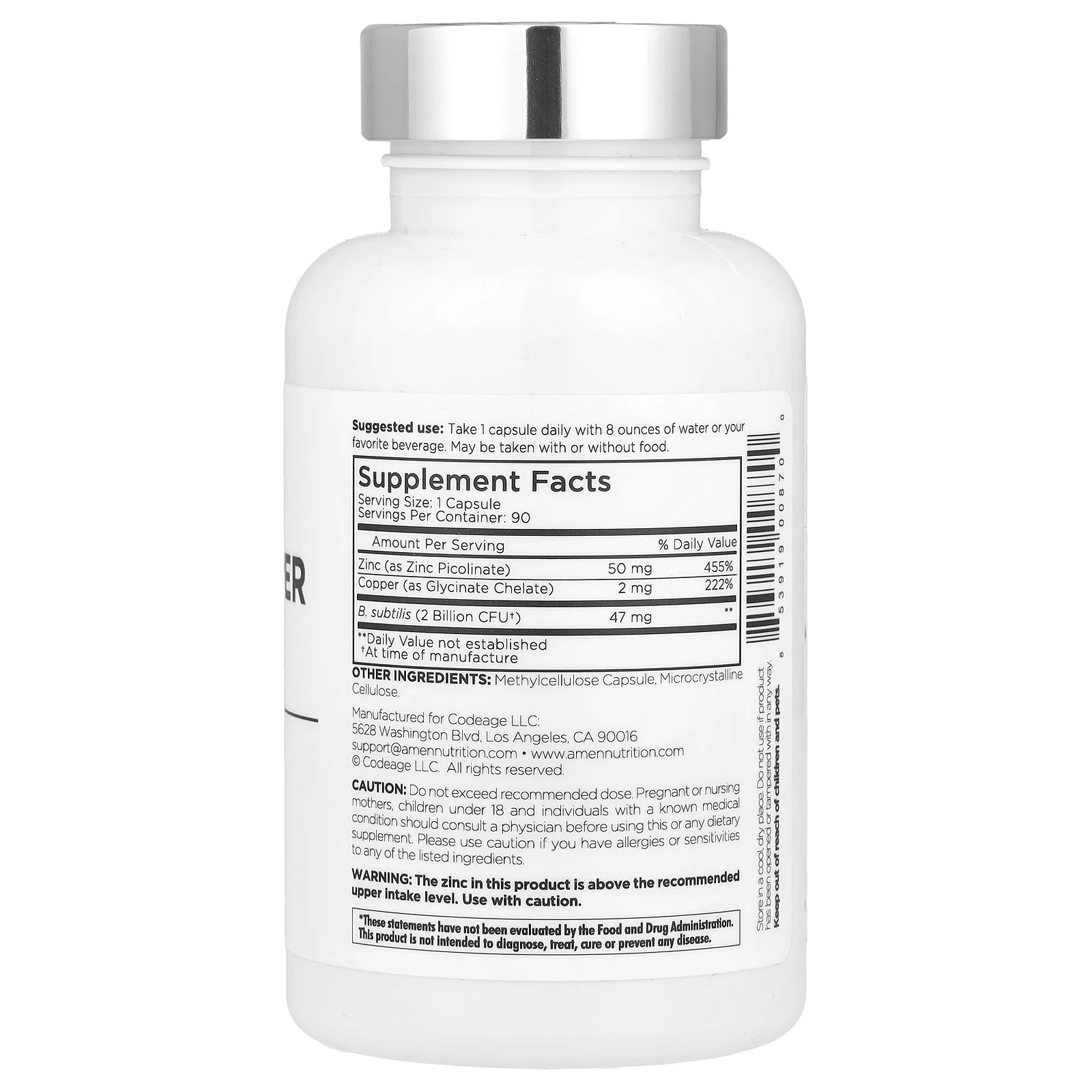 Codeage, Amen, цинк / медь + пробиотики, 90 растительных капсул