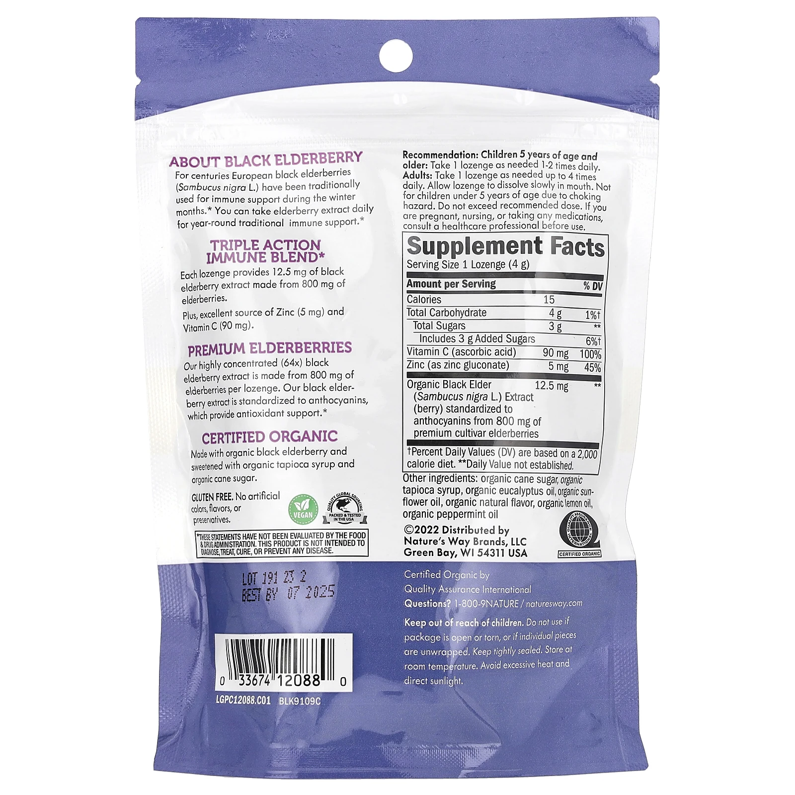 Nature's Way, леденцы со вкусом бузины, с органическим цинком, перечная мята, 24 леденца