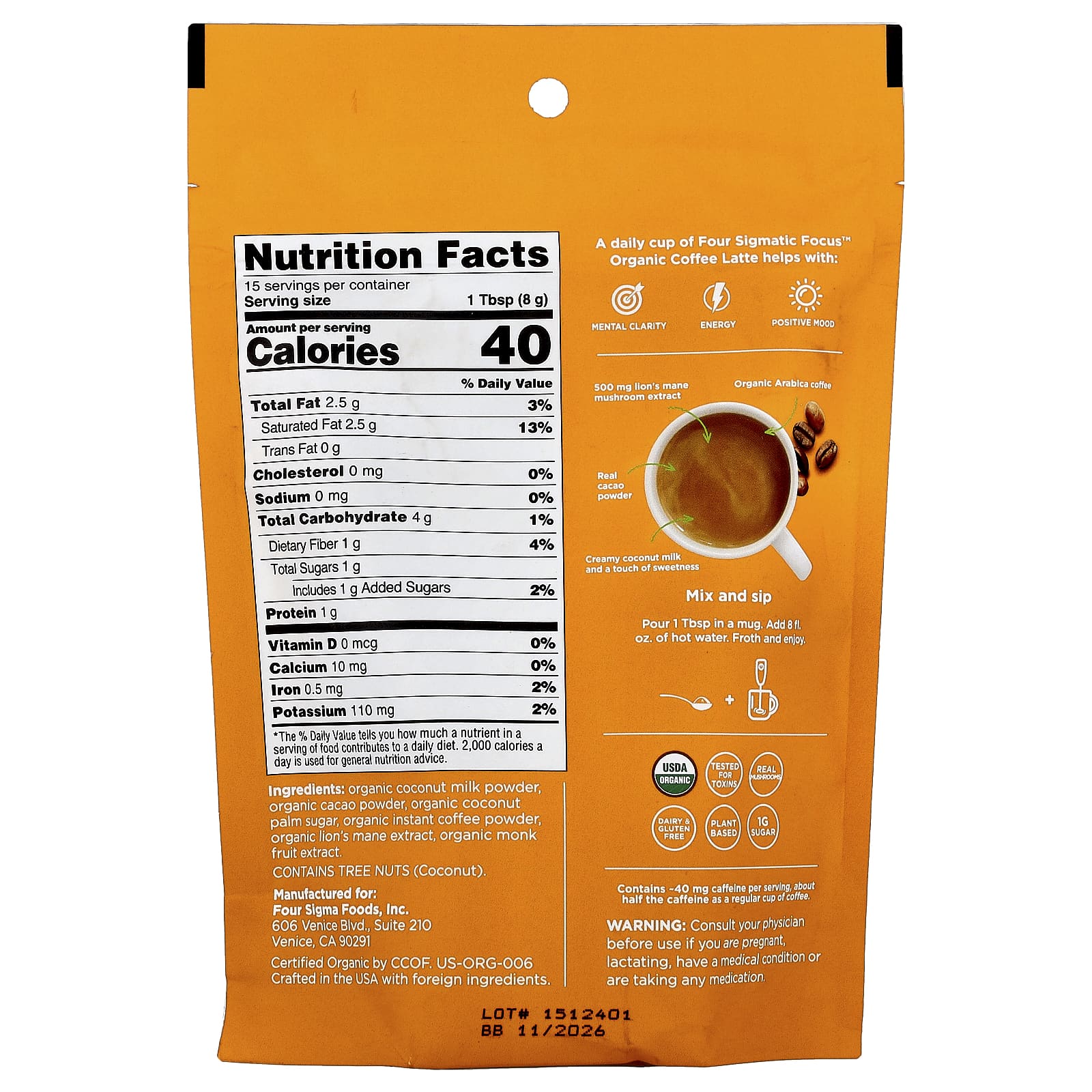 Four Sigmatic, Focus, органический растворимый кофе латте с ежовиком гребенчатым, вкус мокко, 120 г (4,23 унции)