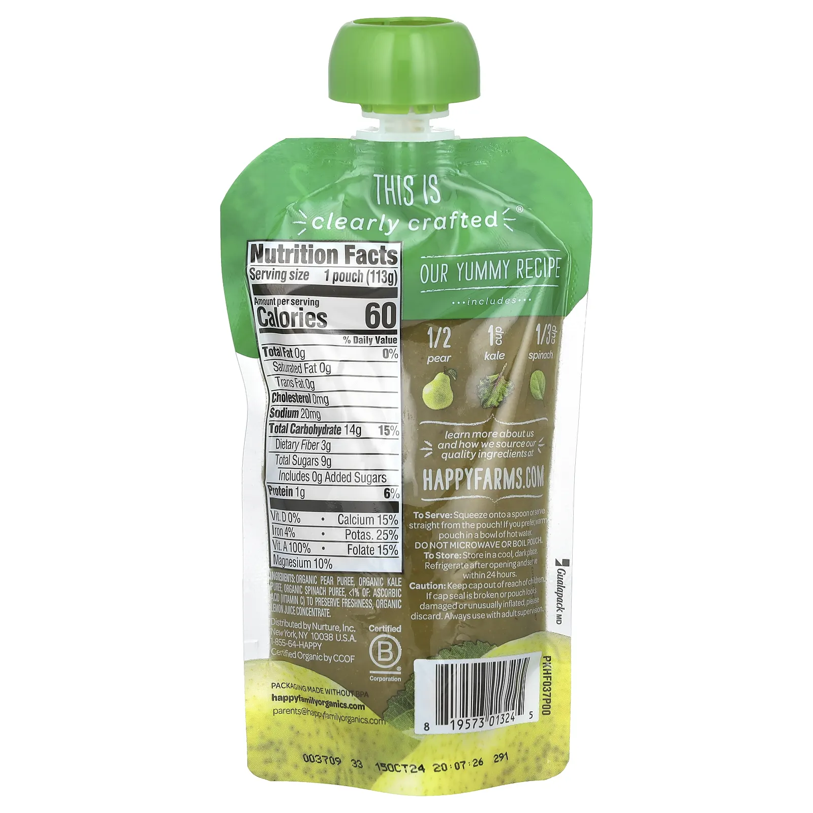 Happy Family Organics, Органическое детское питание, этап 2, Clearly Crafted, груши, капуста и шпинат, для детей от 6 месяцев, 113 г (4 унции)