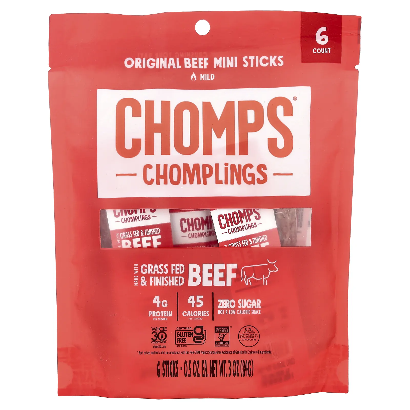 Chomps, Chomplings, оригинальные говяжьи мини-стики, неострый вкус, 6 палочек по 14 г (0,5 унции)