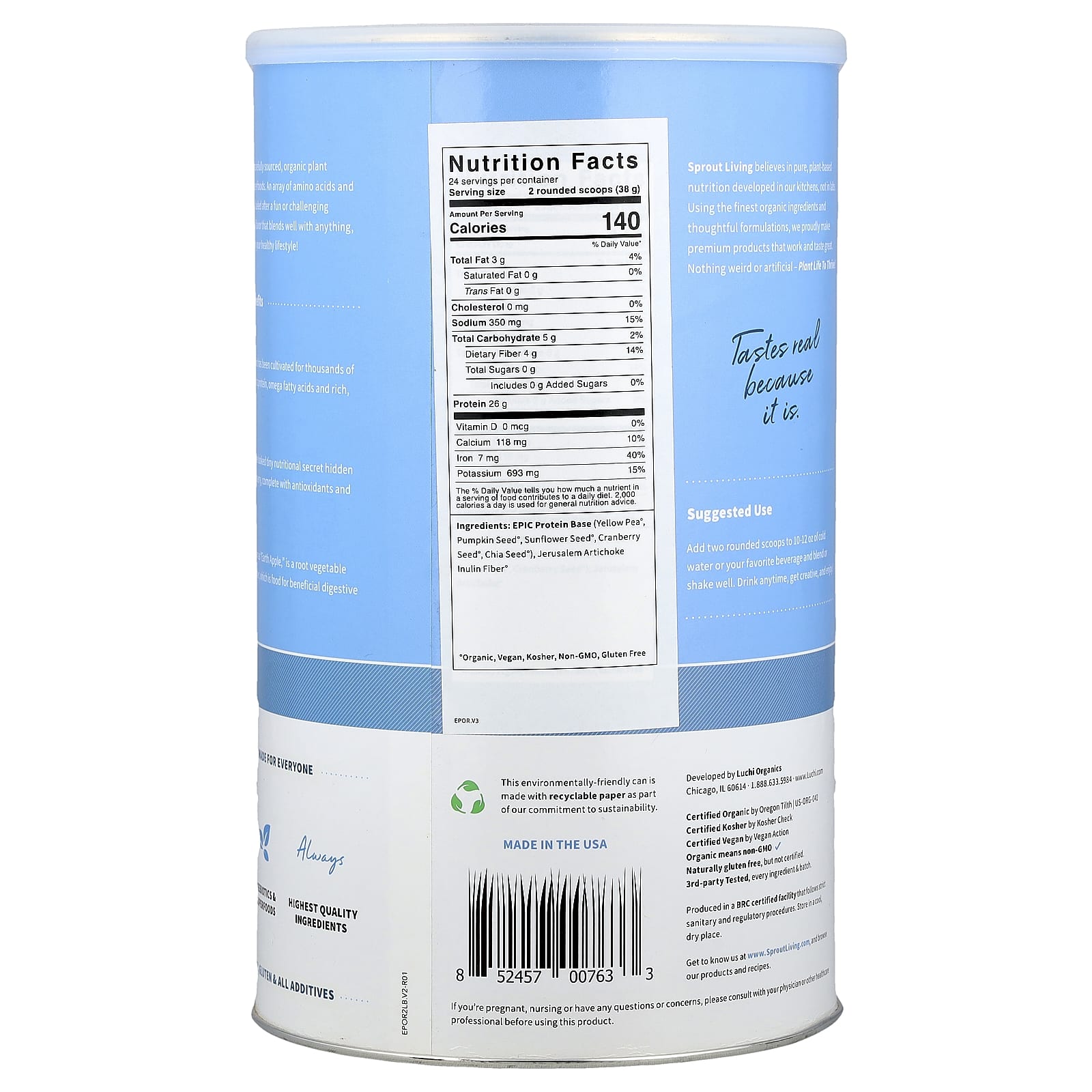 Sprout Living, Epic Protein®, органический растительный протеин и суперфуды, оригинальный, 912 г (2 фунта)